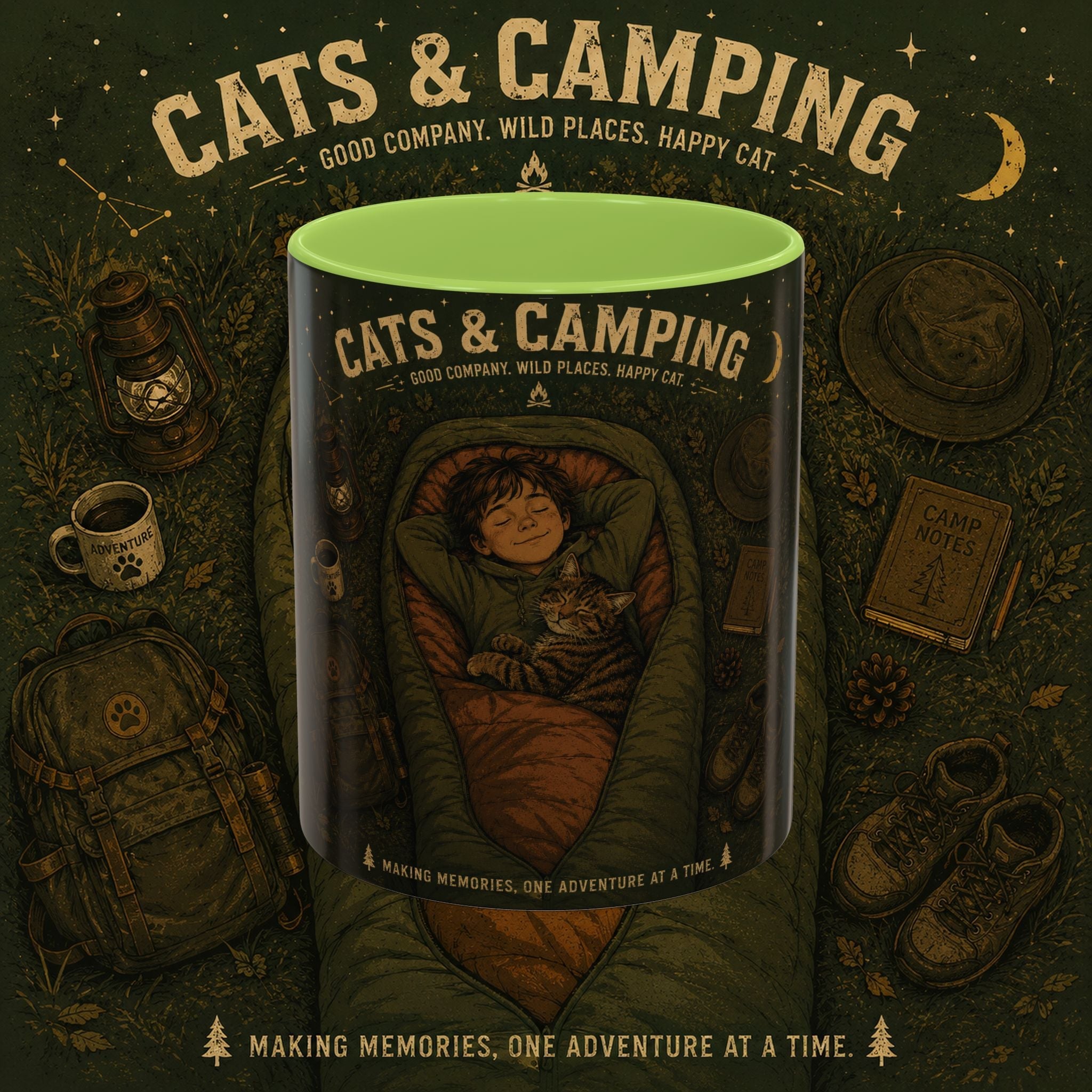 Cats & Camping sleeping bag scene — a kid and cat bonding at camp