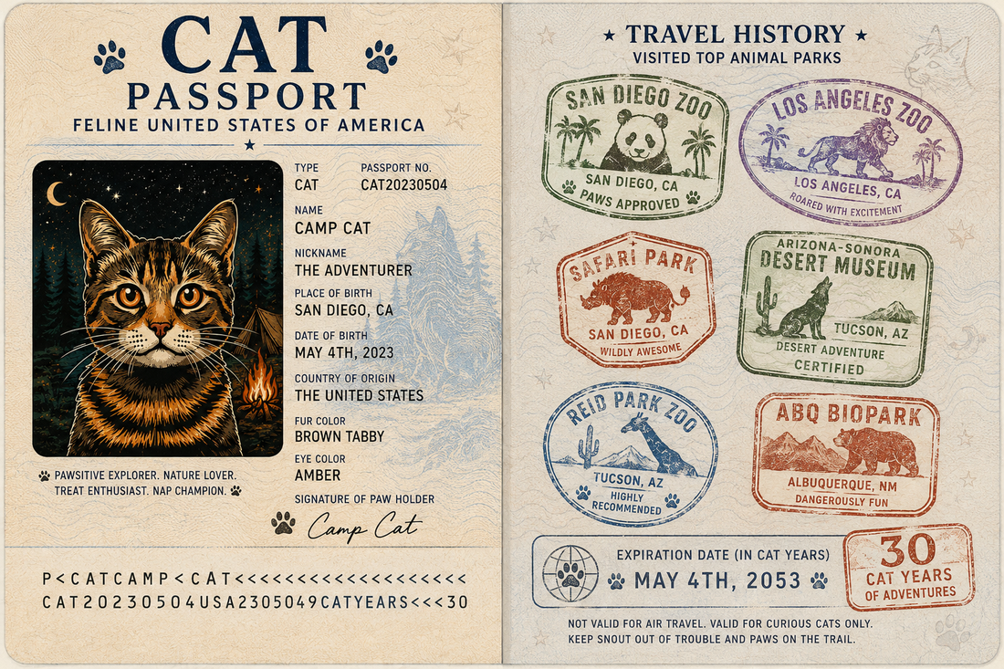 Vintage cat passport spread with travel stamps — every adventure cat needs a passport