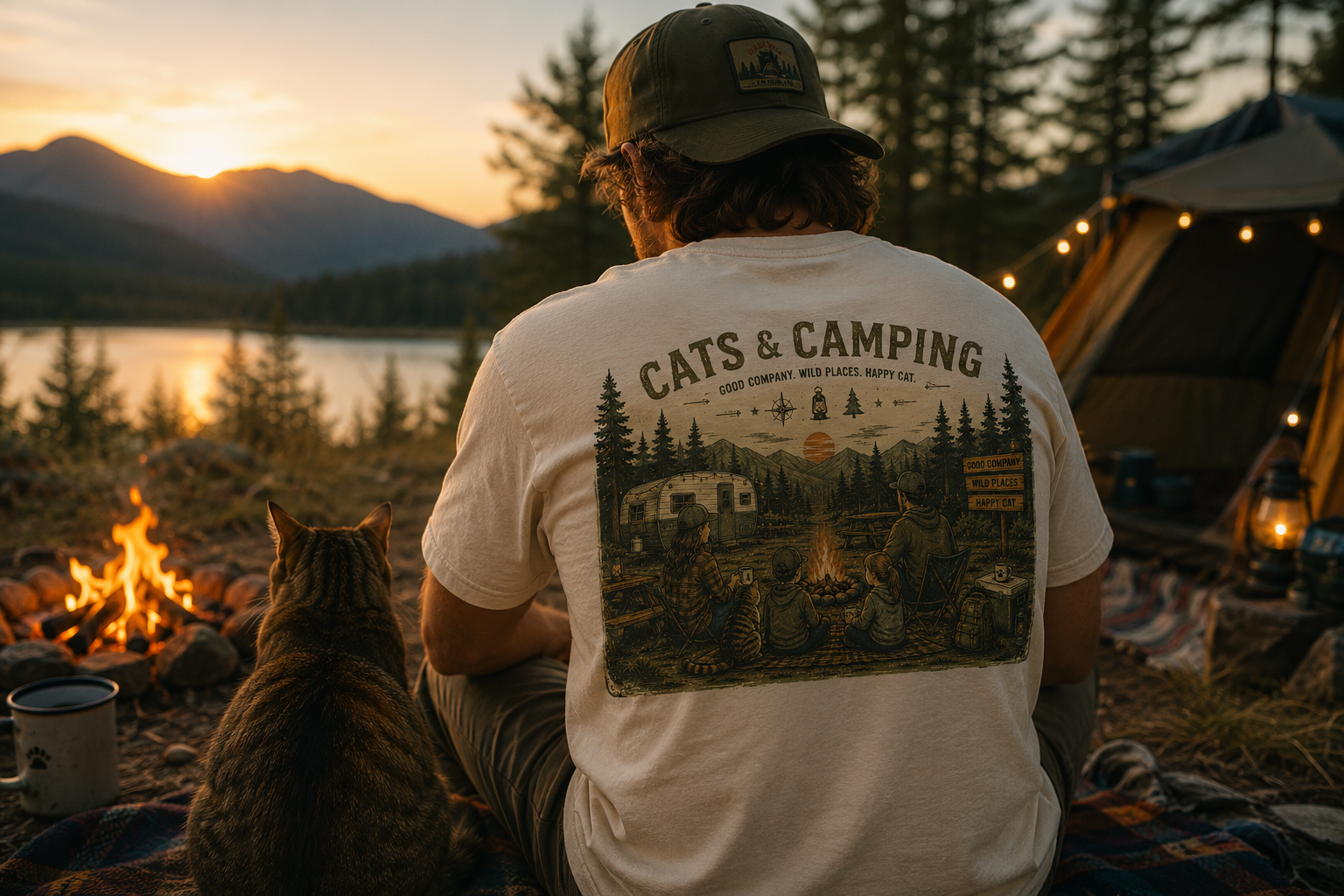 Quiet lakefront campsite scene — honest look at camping with cats