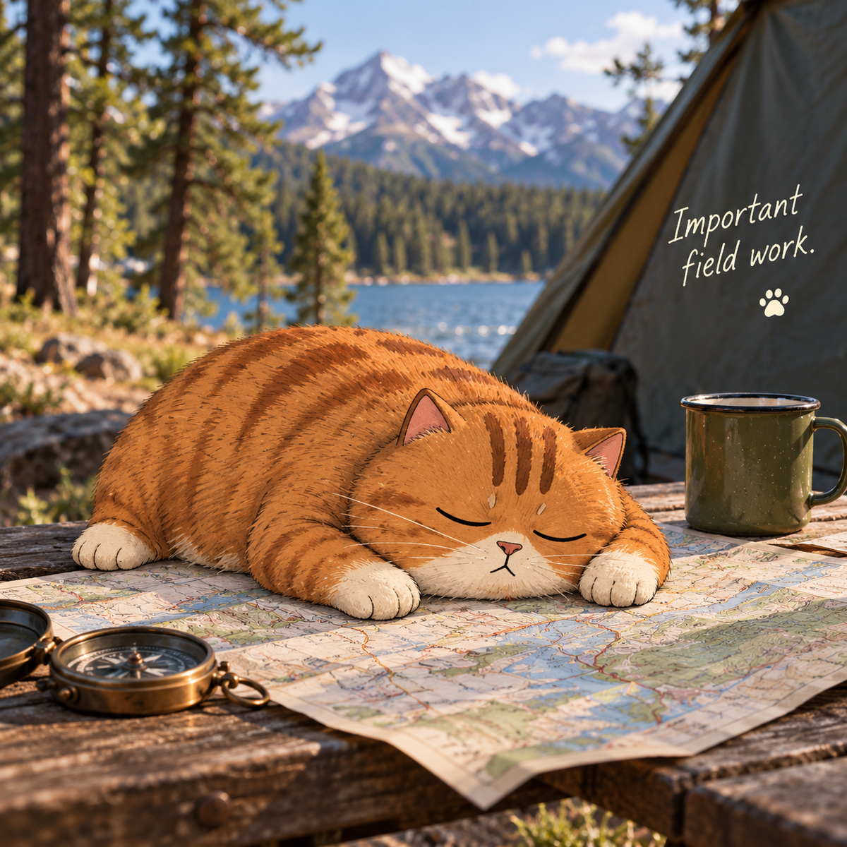 Elias the orange tabby doing important field work outdoors — harness training a cat for camping