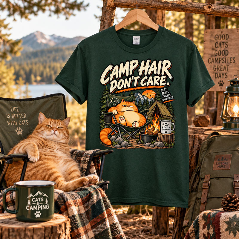 Camp Hair Don't Care Cat Camping T-Shirt – orange cat lounging beside a campfire, vintage graphic, front view