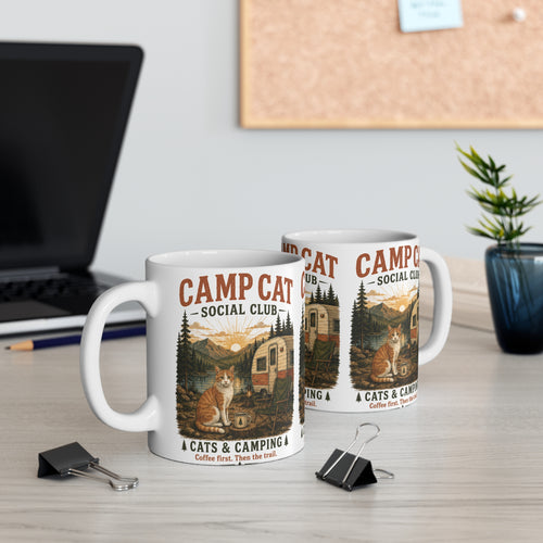 Cat Lover Camping Coffee Mug – Classic White Ceramic 11oz