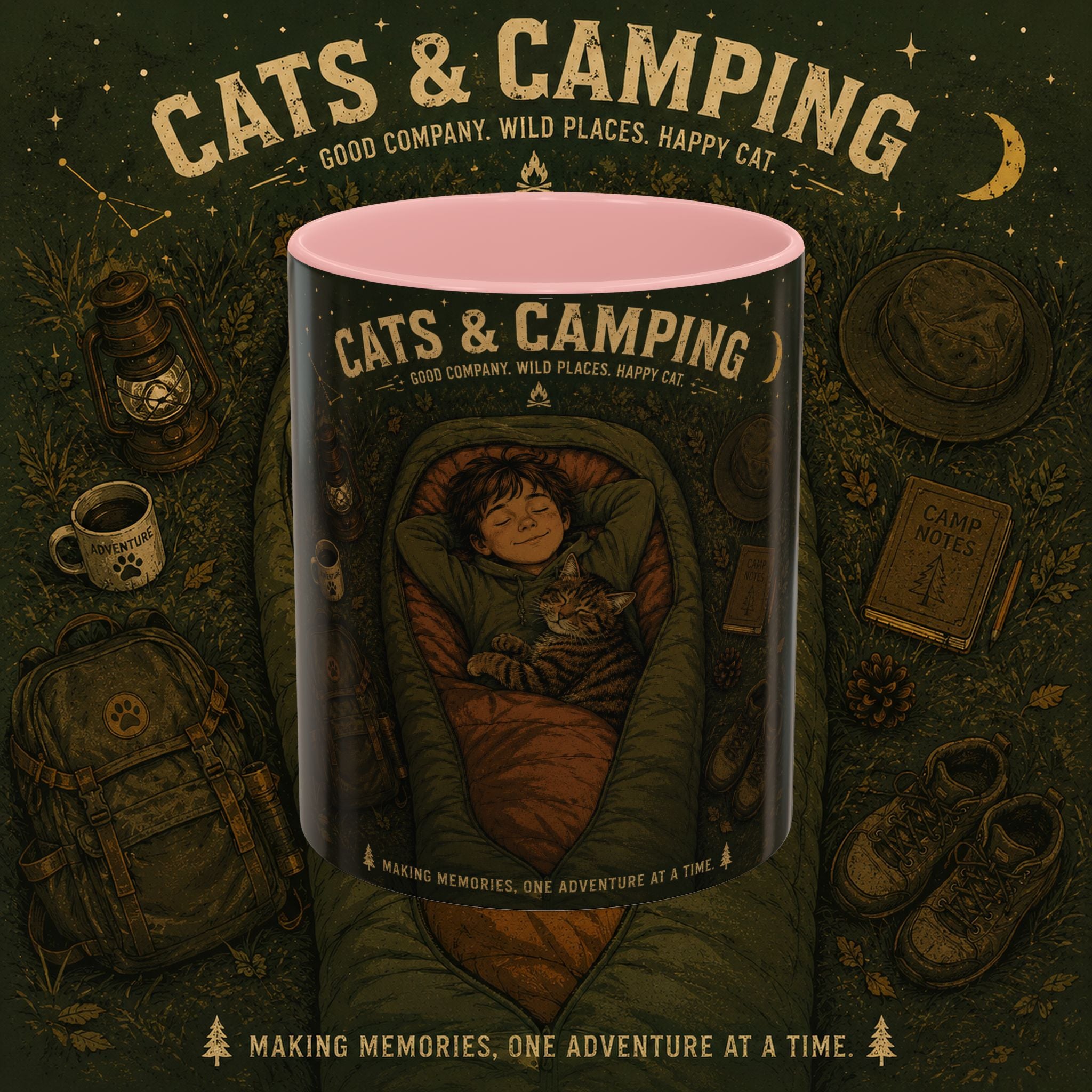 Cats & Camping Accent Coffee Mug — Cat Lover Camping Gift Mug 11oz
