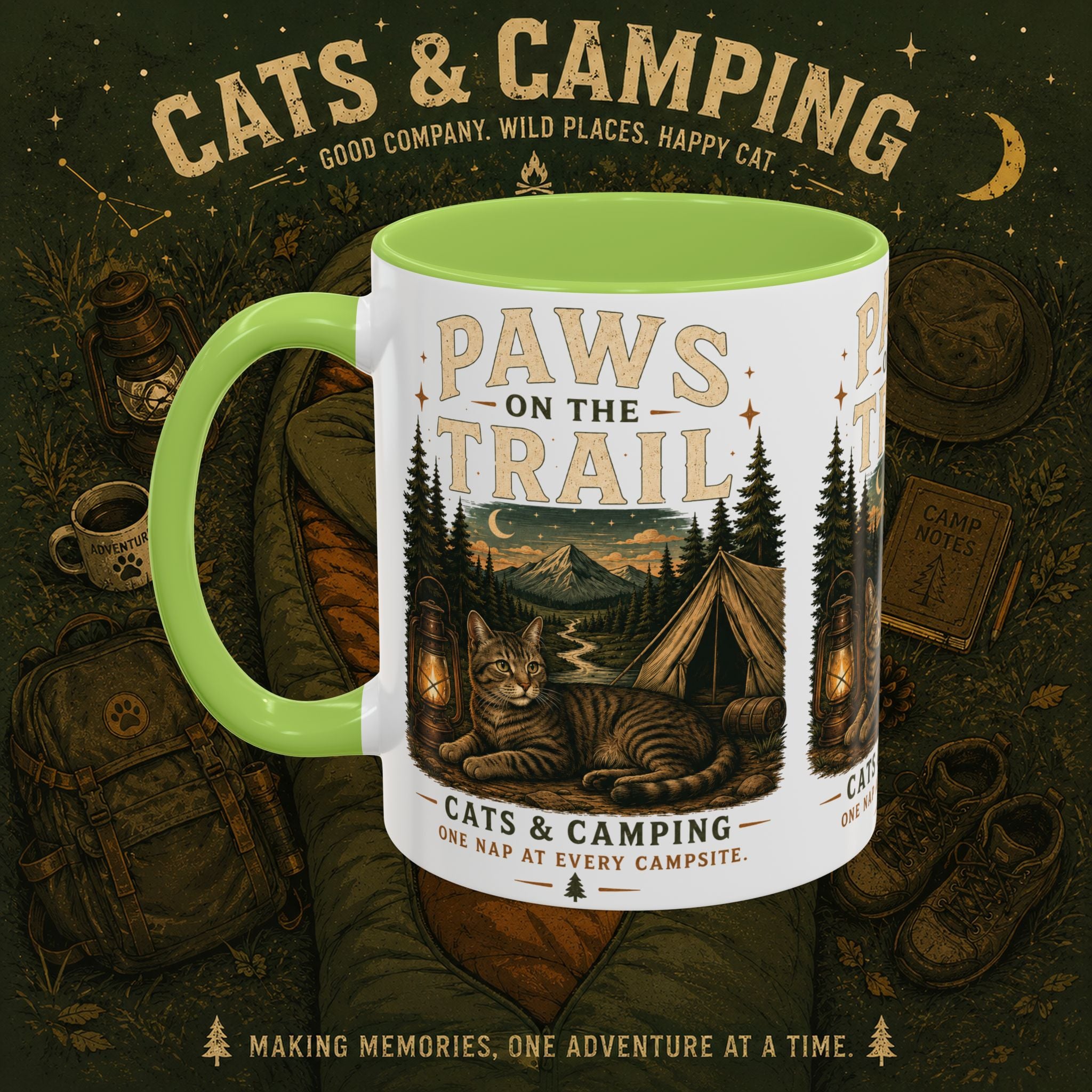 Cat Lover Camping Mug – Two-Tone Ceramic Coffee Mug (11oz)
