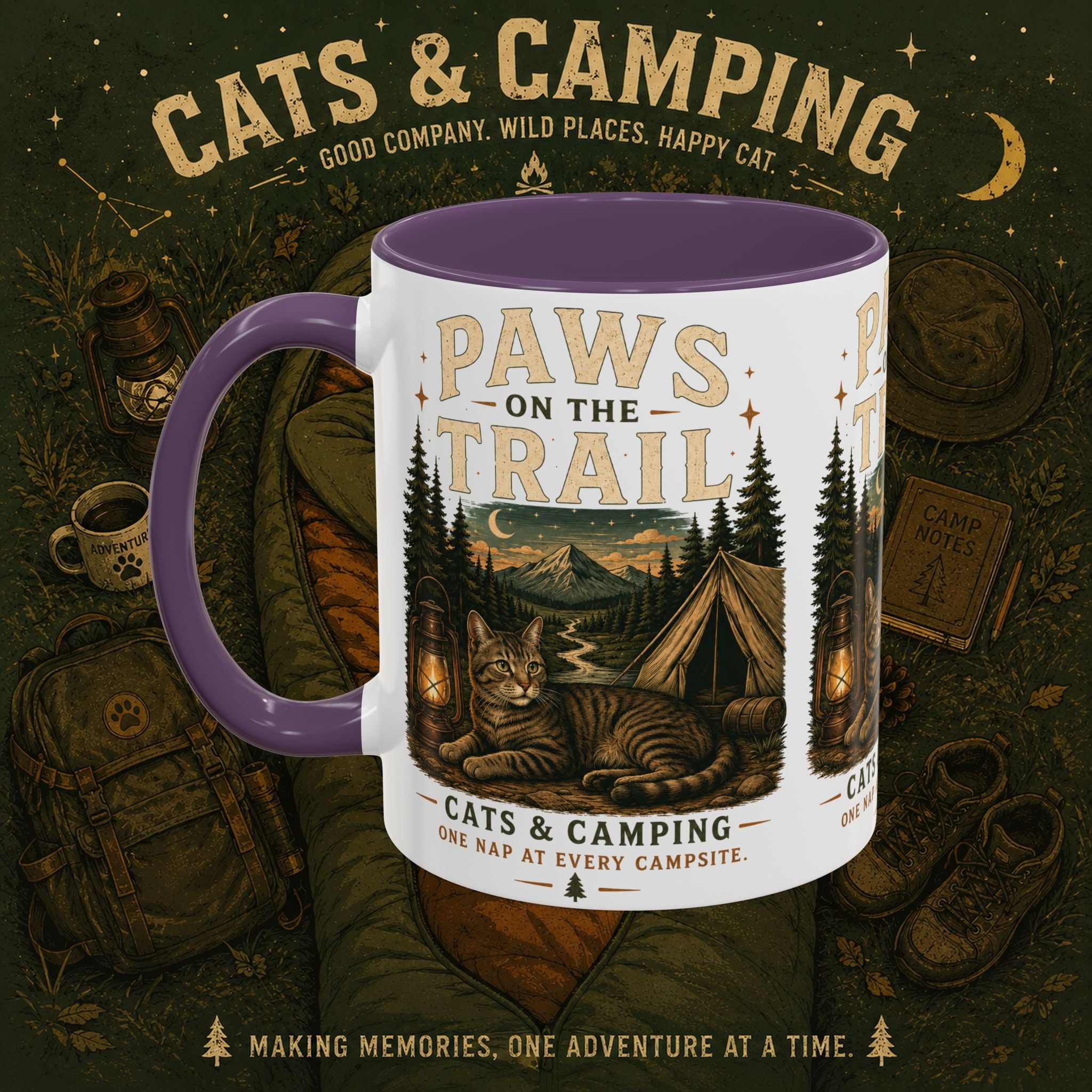 Cat Lover Camping Mug – Two-Tone Ceramic Coffee Mug (11oz)