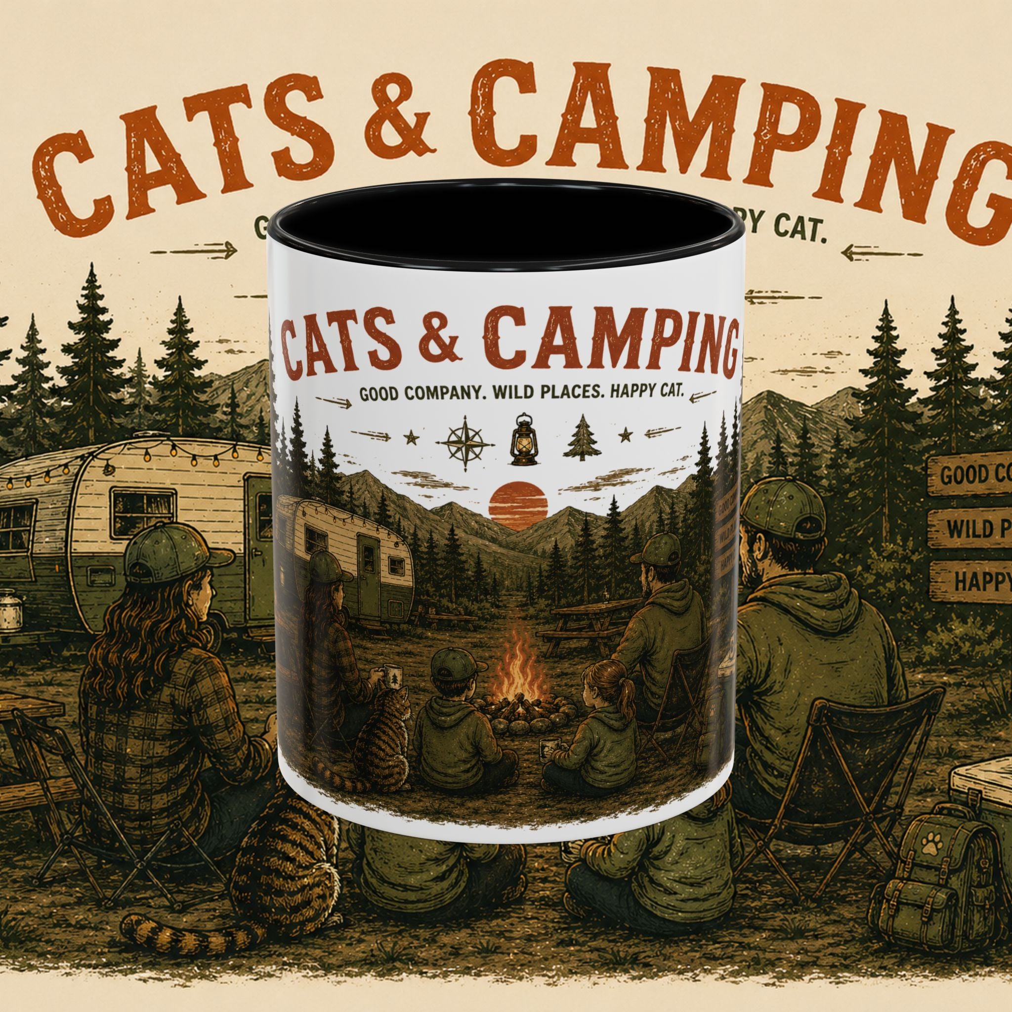 Cats & Camping Vintage Camper Mug — Retro Outdoor Cat Lover Gift (11oz & 15oz)