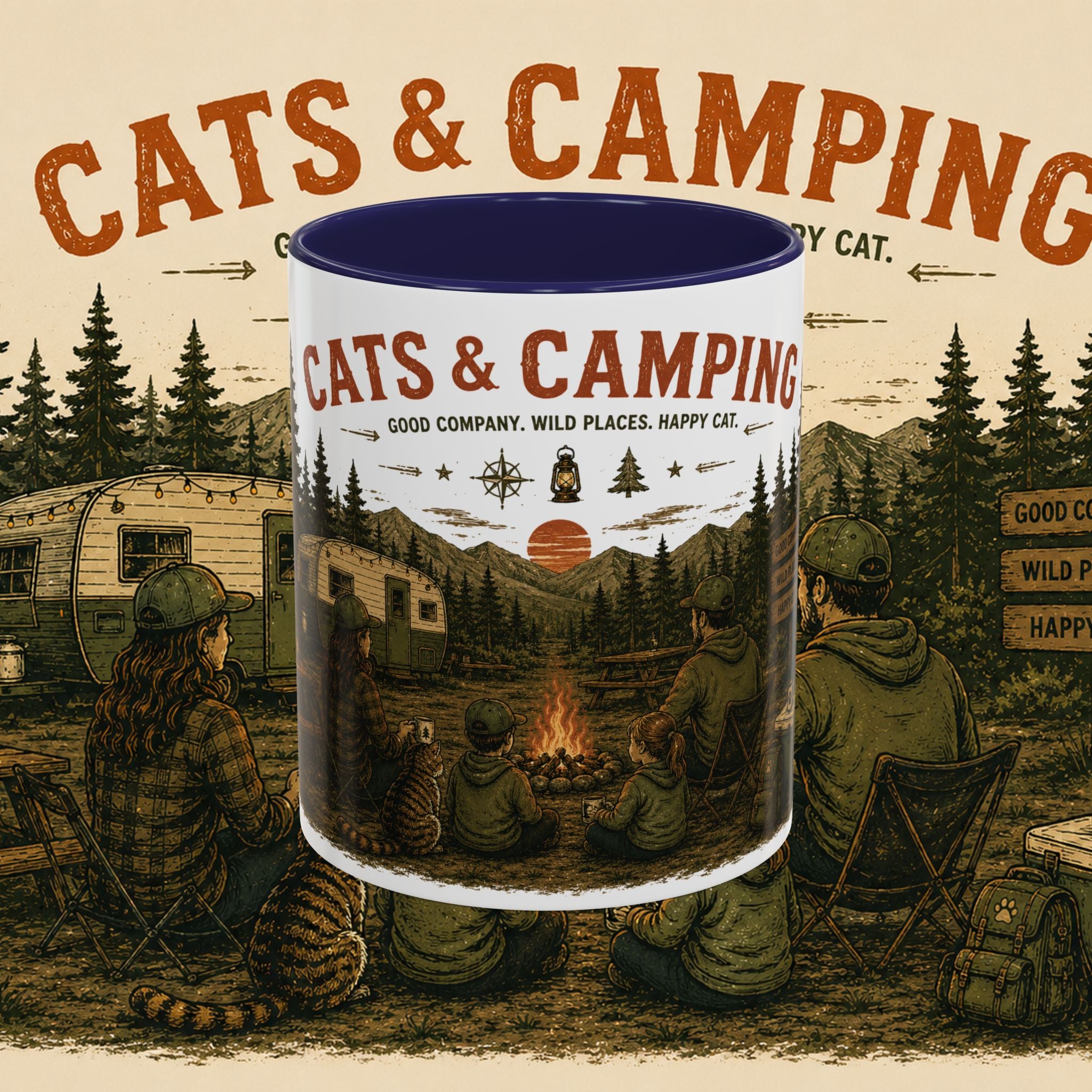 Cats & Camping Vintage Camper Mug — Retro Outdoor Cat Lover Gift (11oz & 15oz)