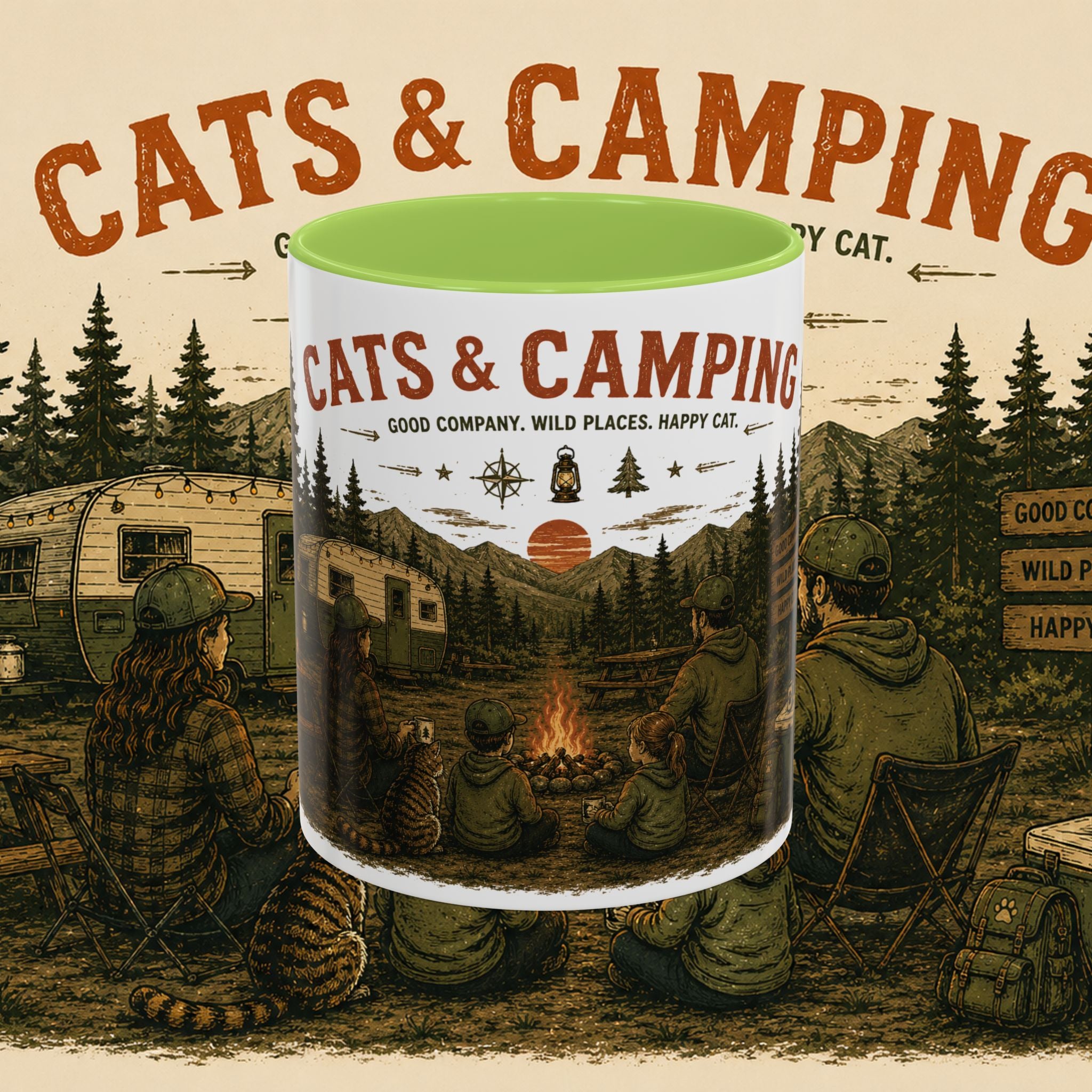 Cats & Camping Vintage Camper Mug — Retro Outdoor Cat Lover Gift (11oz & 15oz)
