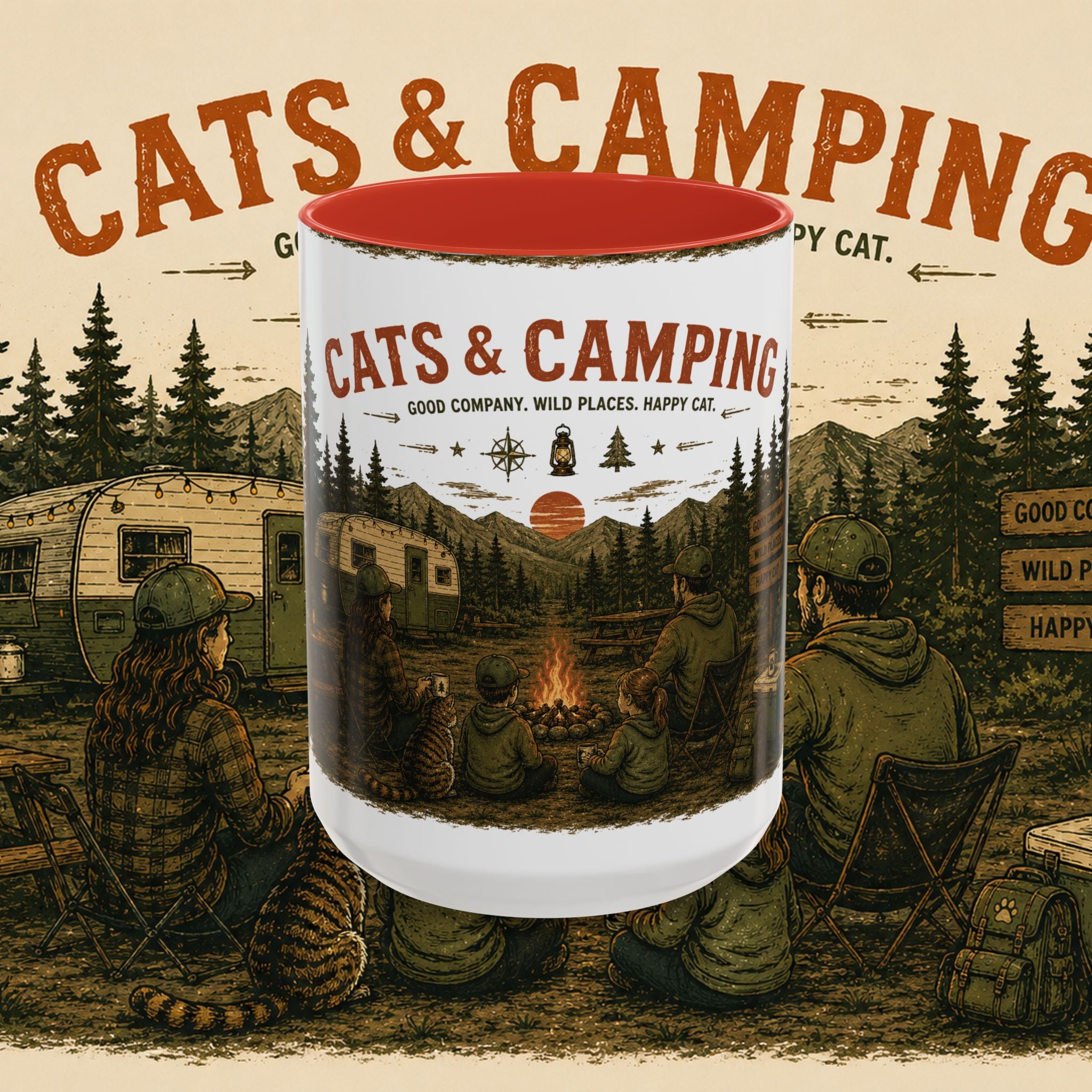 Cats & Camping Vintage Camper Mug — Retro Outdoor Cat Lover Gift (11oz & 15oz)