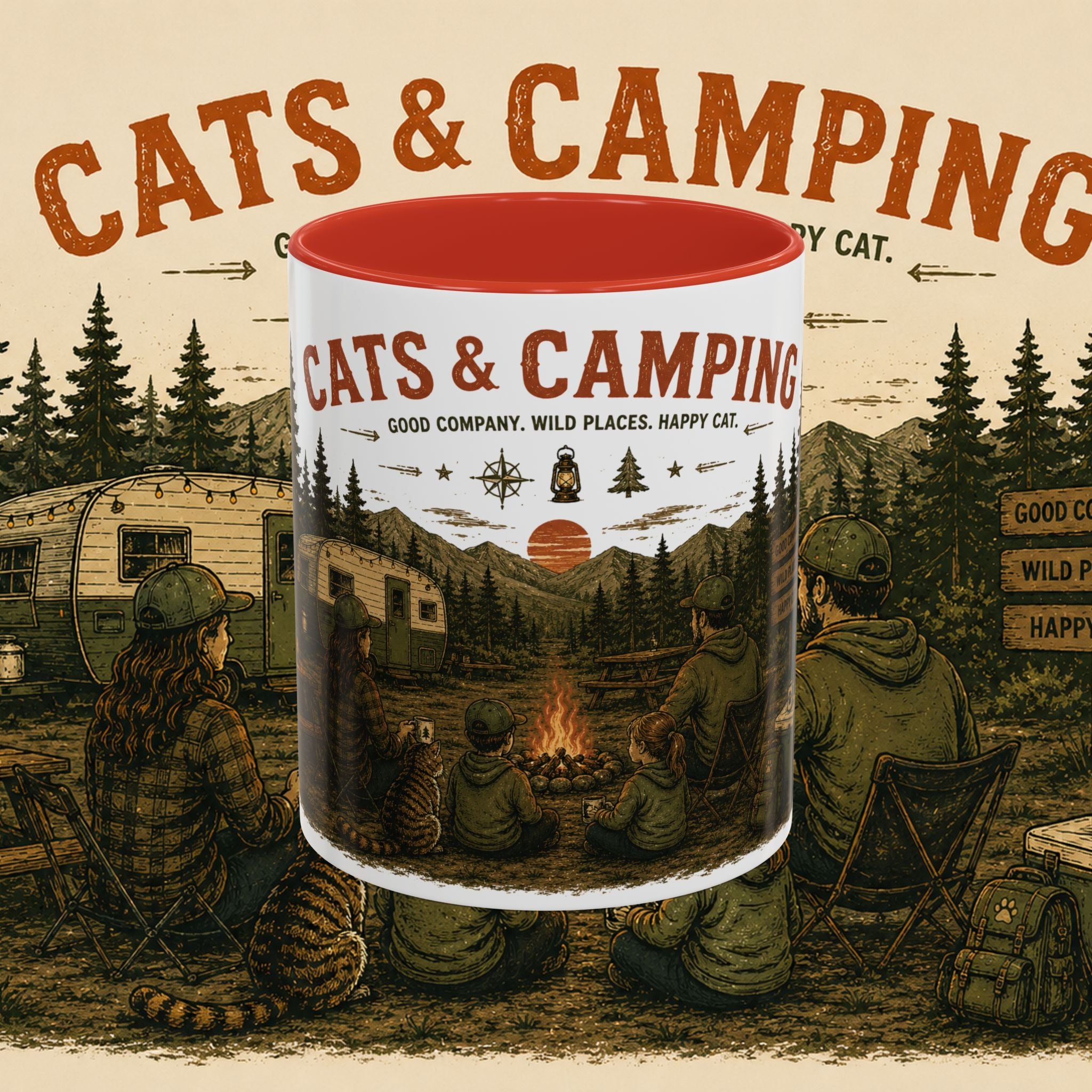 Cats & Camping Vintage Camper Mug — Retro Outdoor Cat Lover Gift (11oz & 15oz)