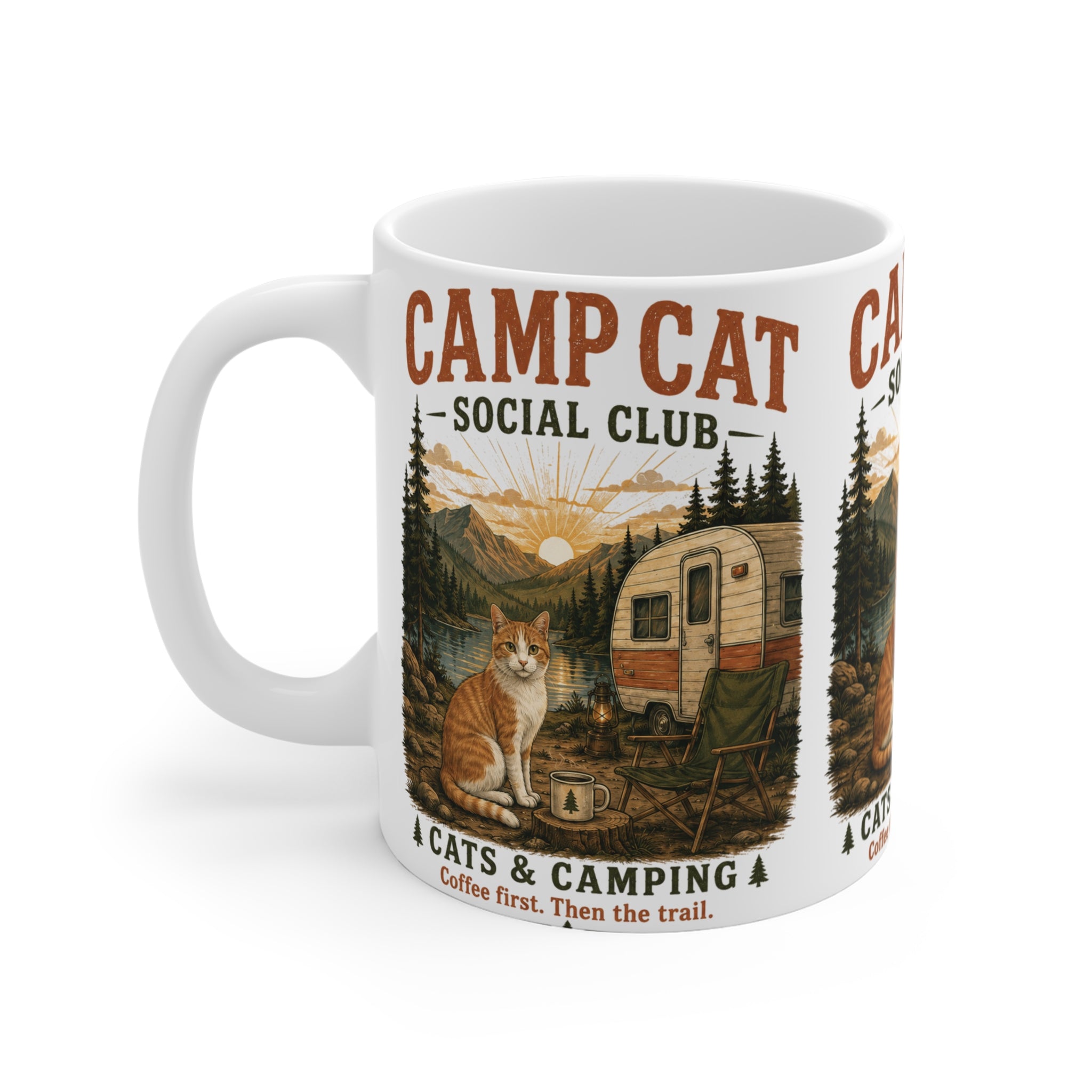 Cat Lover Camping Coffee Mug – Classic White Ceramic 11oz