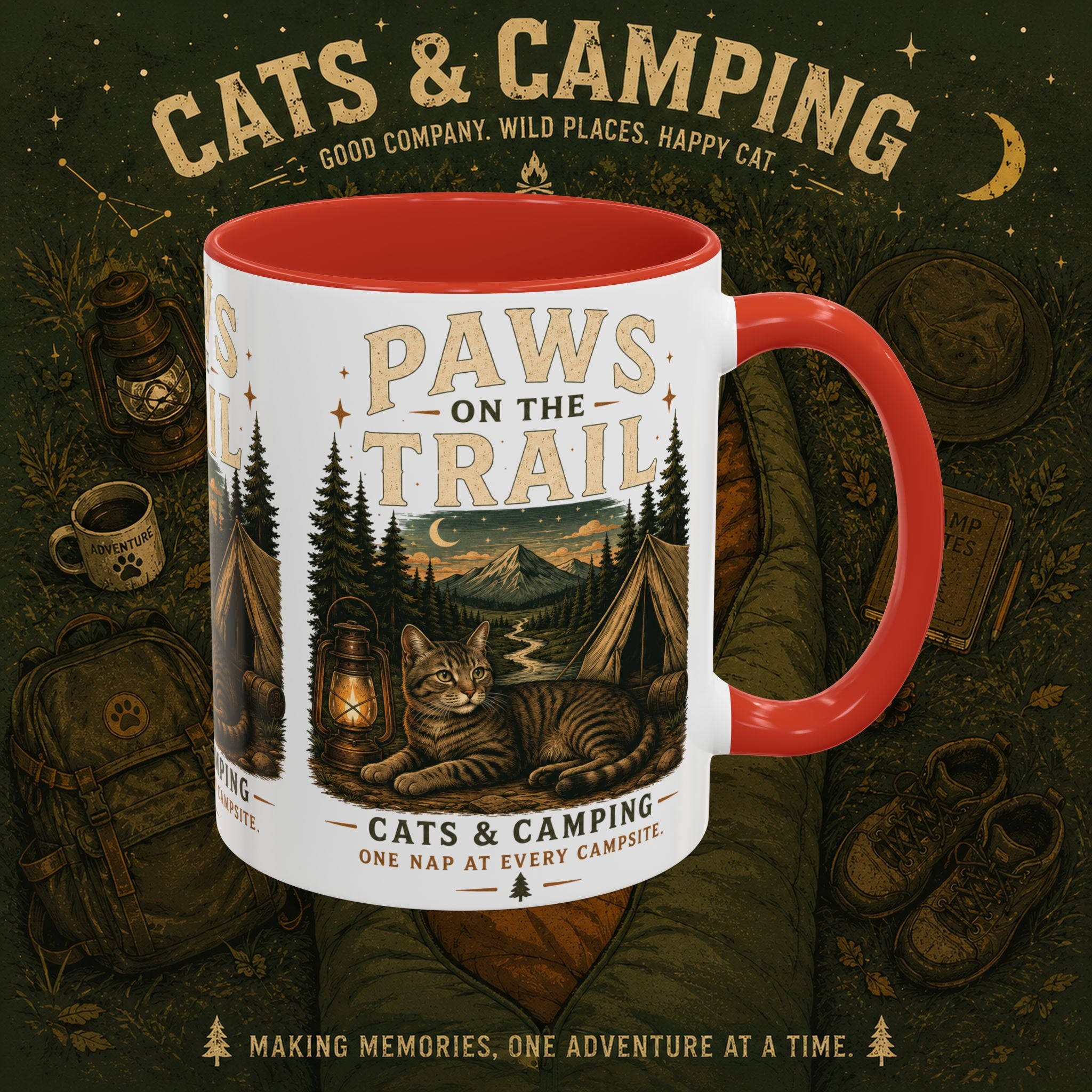 Cat Lover Camping Mug – Two-Tone Ceramic Coffee Mug (11oz)