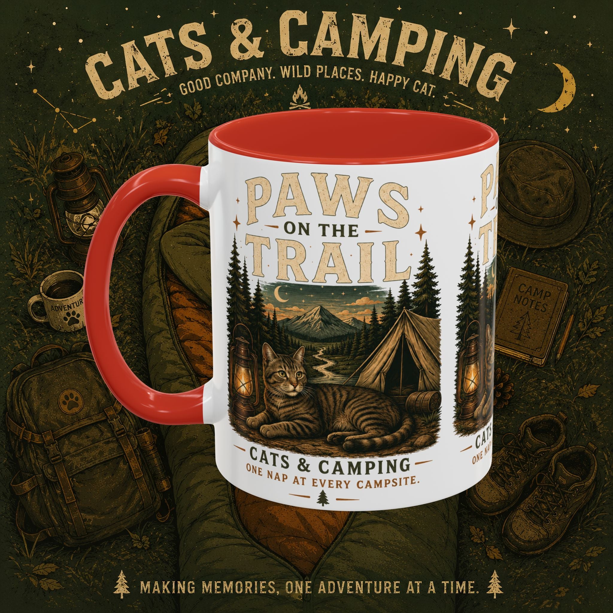 Cat Lover Camping Mug – Two-Tone Ceramic Coffee Mug (11oz)