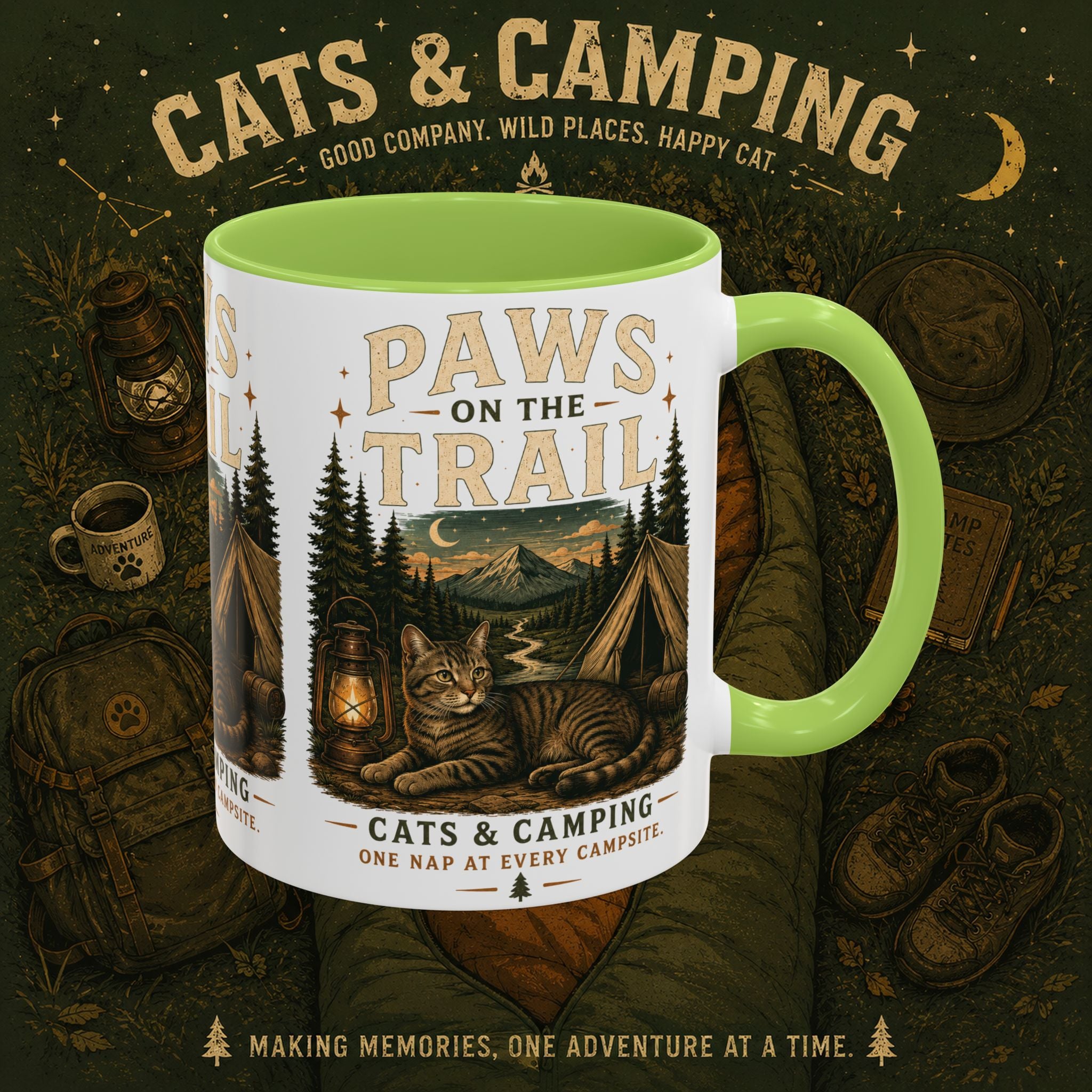 Cat Lover Camping Mug – Two-Tone Ceramic Coffee Mug (11oz)
