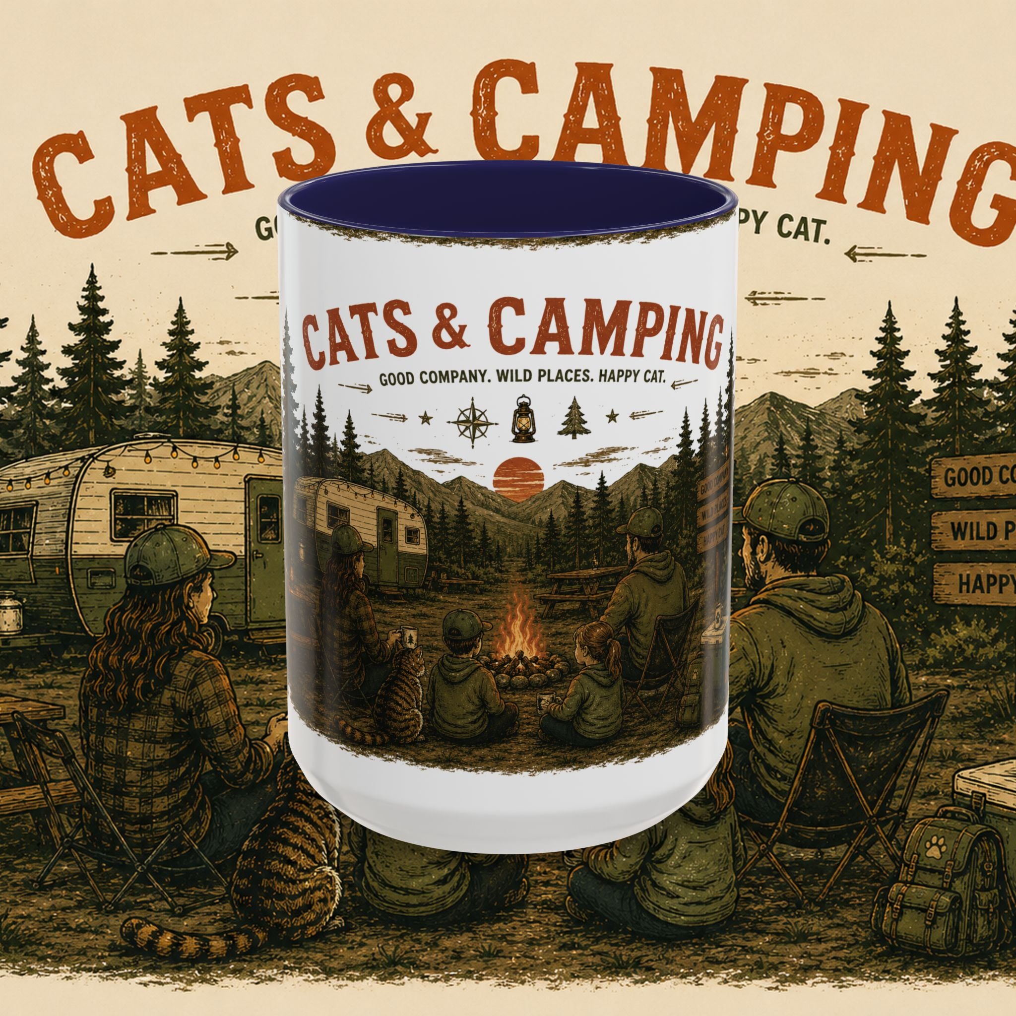 Cats & Camping Vintage Camper Mug — Retro Outdoor Cat Lover Gift (11oz & 15oz)