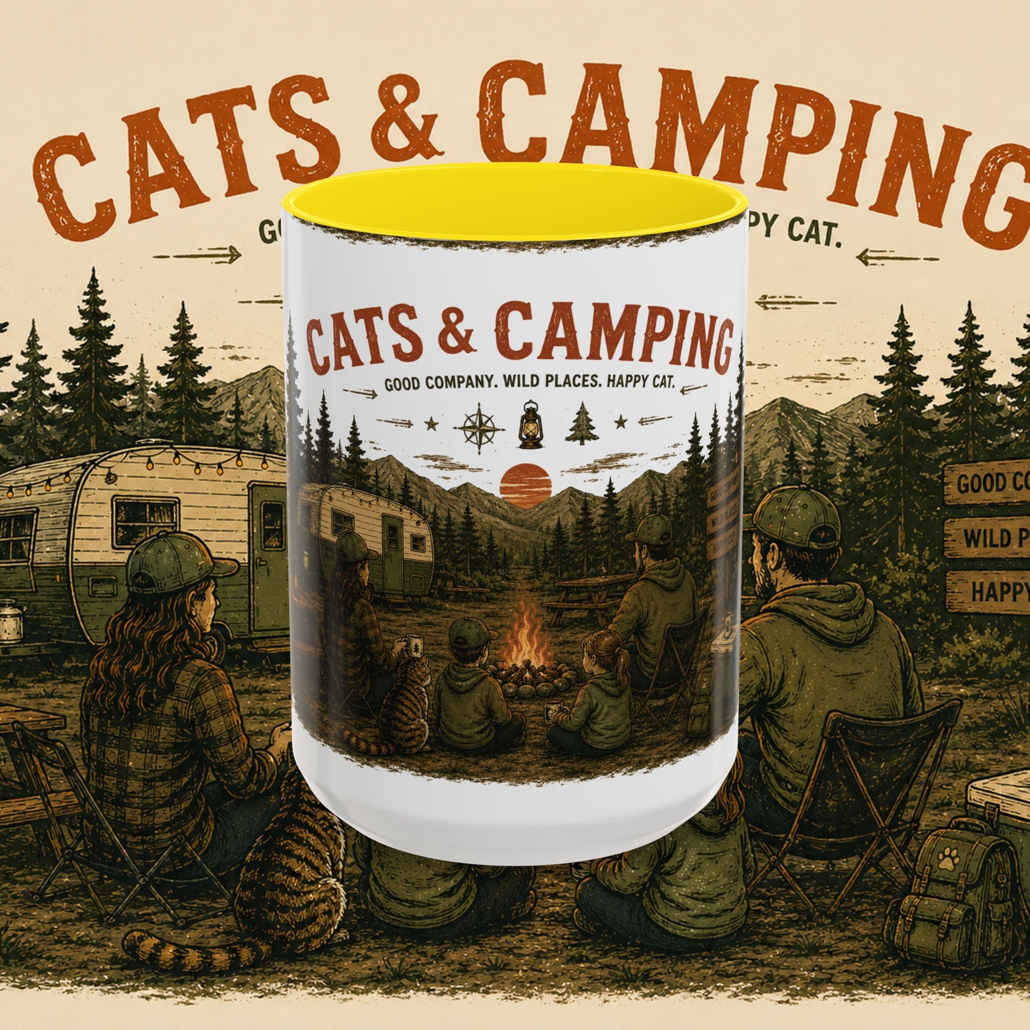 Cats & Camping Vintage Camper Mug — Retro Outdoor Cat Lover Gift (11oz & 15oz)