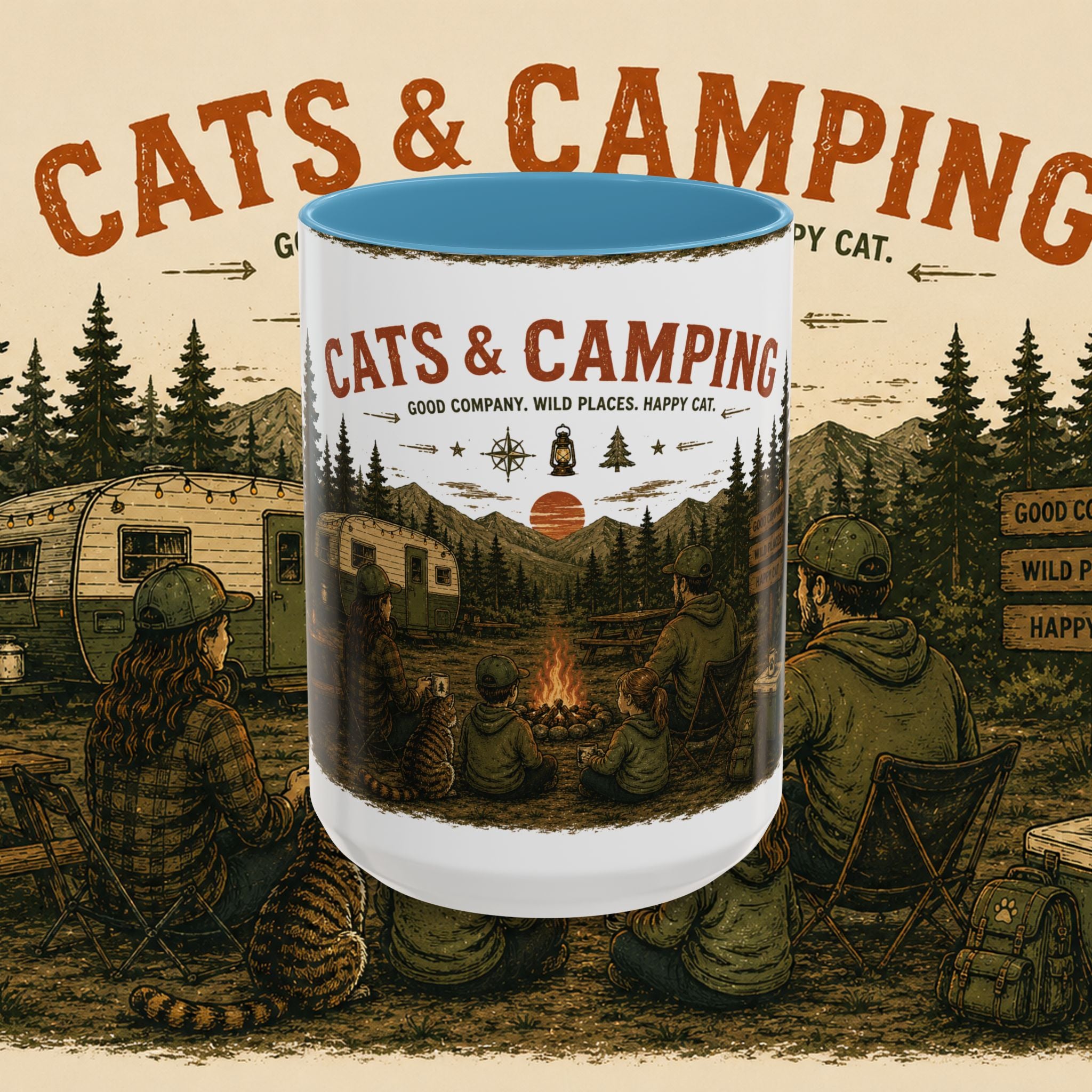Cats & Camping Vintage Camper Mug — Retro Outdoor Cat Lover Gift (11oz & 15oz)