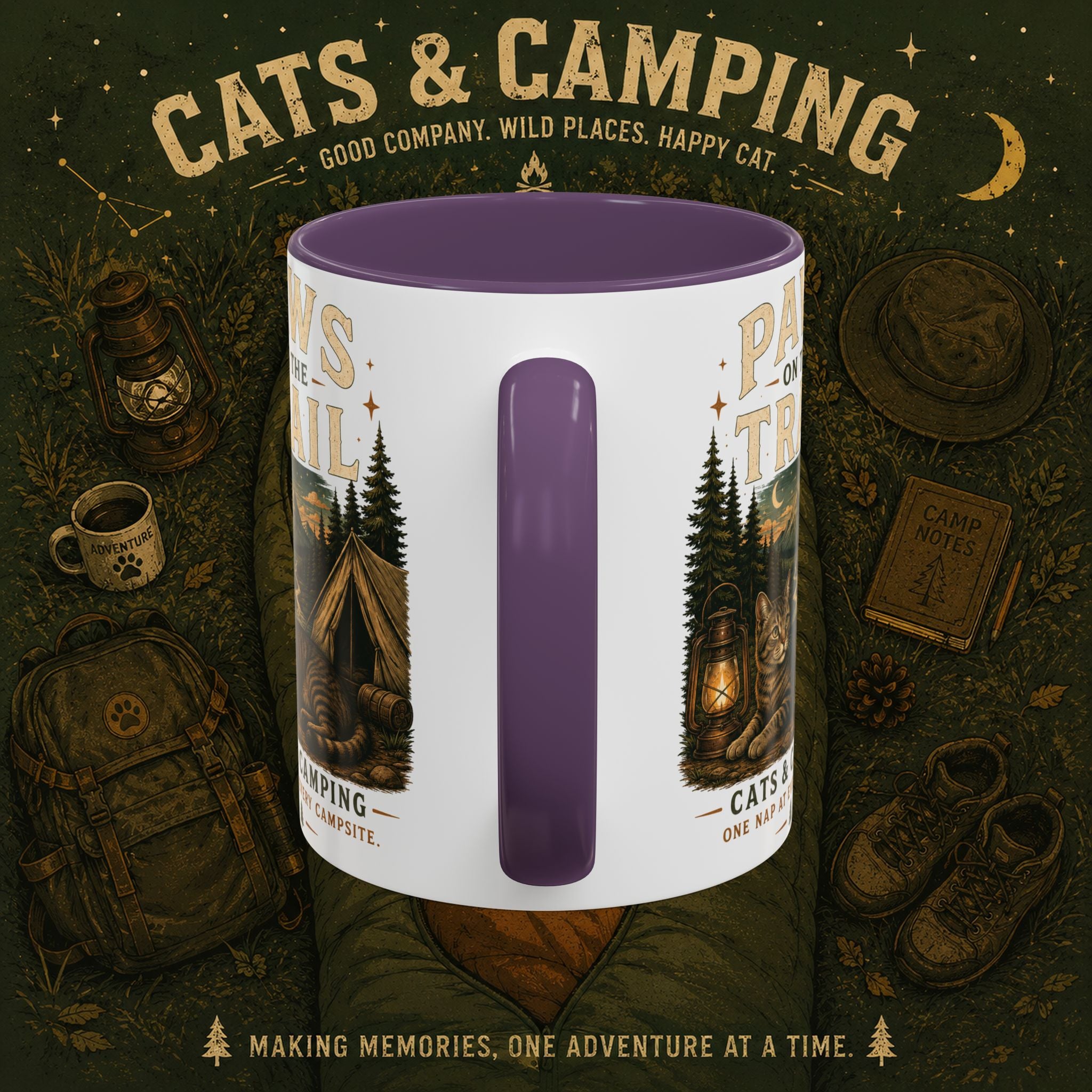 Cat Lover Camping Mug – Two-Tone Ceramic Coffee Mug (11oz)
