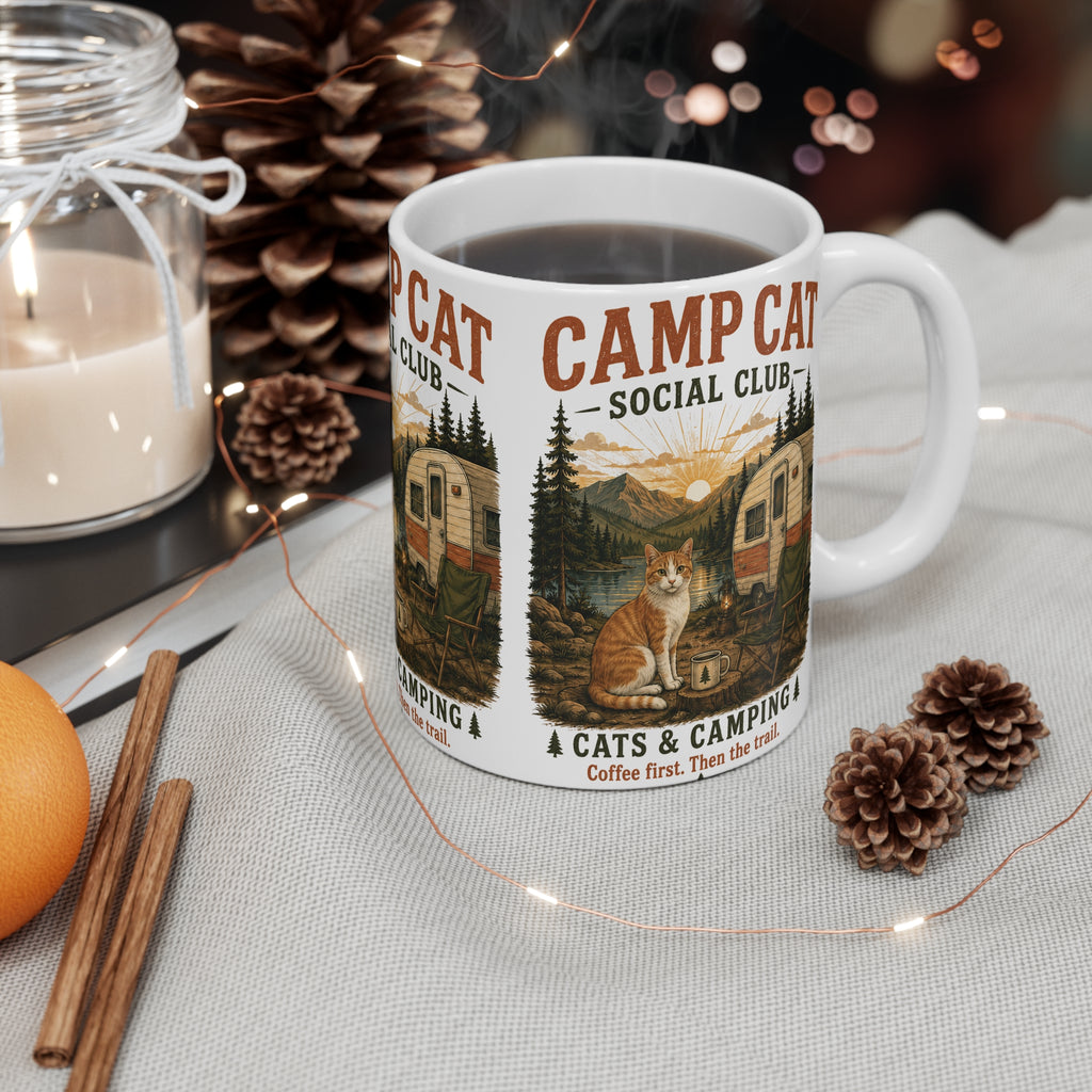Cat Lover Camping Coffee Mug – Classic White Ceramic 11oz