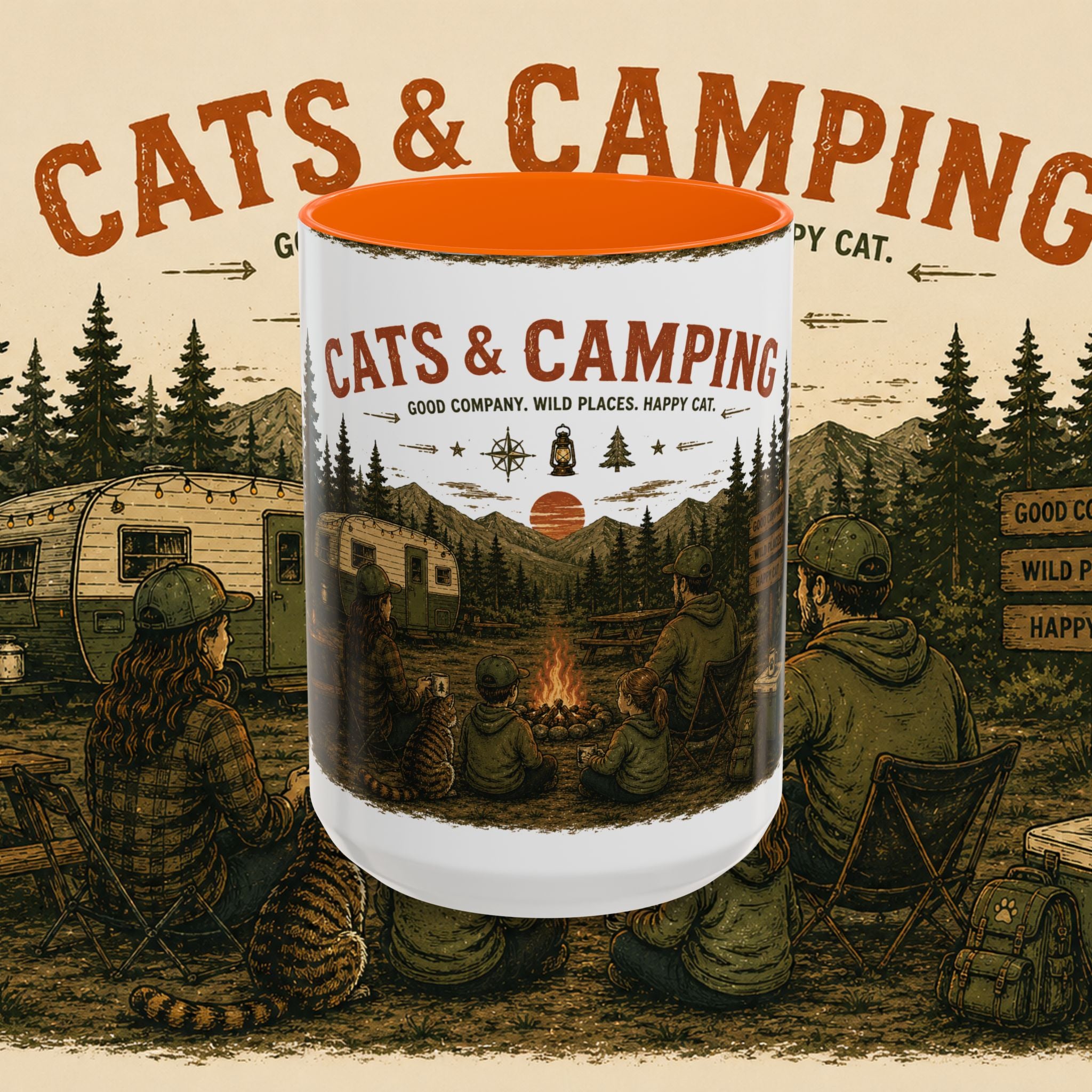 Cats & Camping Vintage Camper Mug — Retro Outdoor Cat Lover Gift (11oz & 15oz)