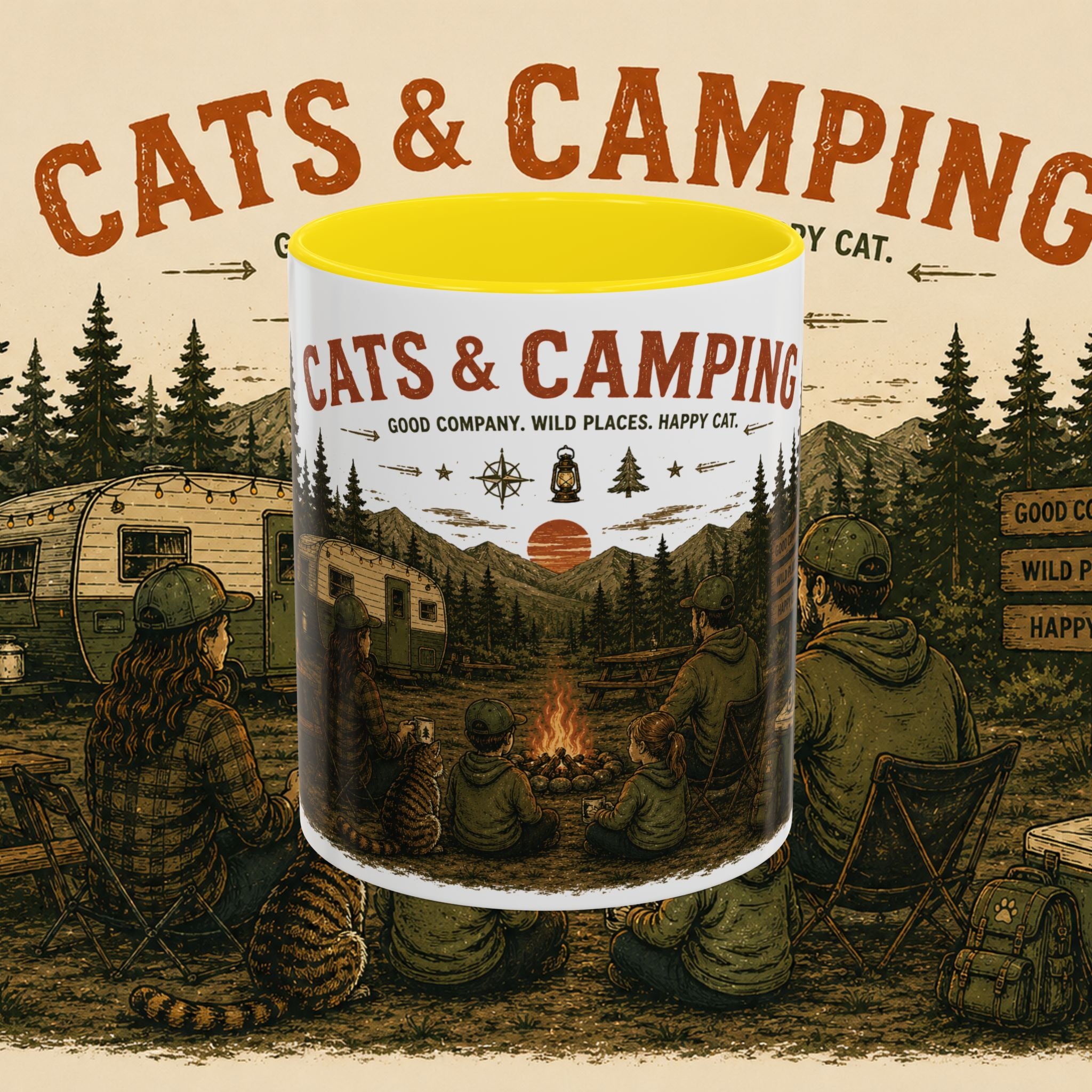 Cats & Camping Vintage Camper Mug — Retro Outdoor Cat Lover Gift (11oz & 15oz)