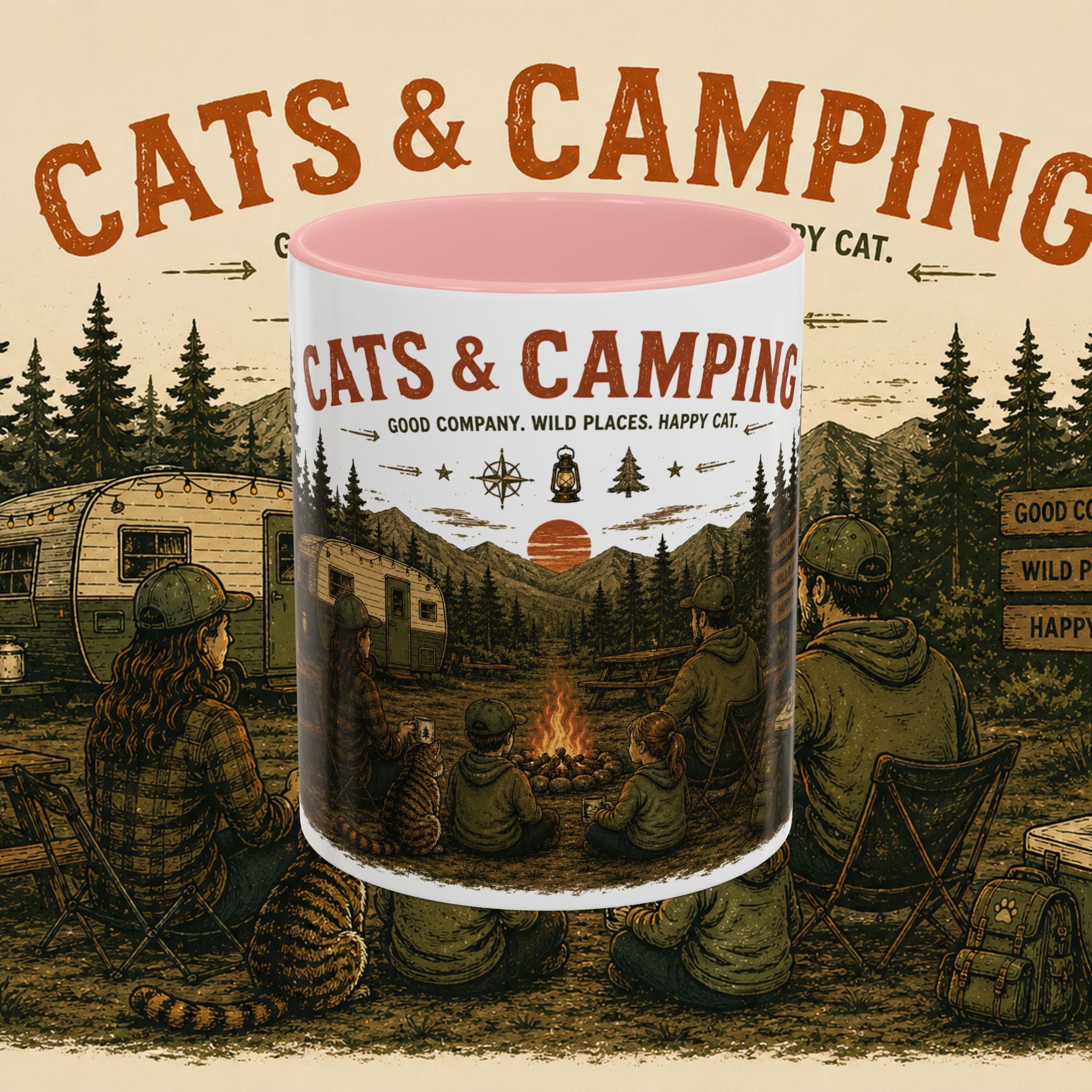 Cats & Camping Vintage Camper Mug — Retro Outdoor Cat Lover Gift (11oz & 15oz)