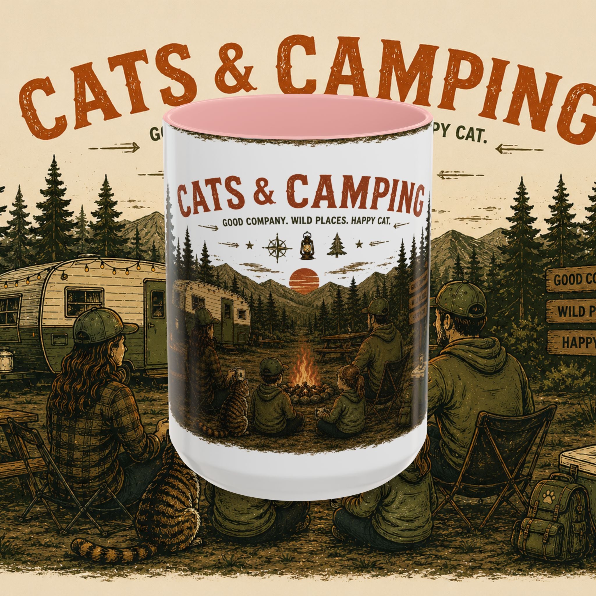 Cats & Camping Vintage Camper Mug — Retro Outdoor Cat Lover Gift (11oz & 15oz)
