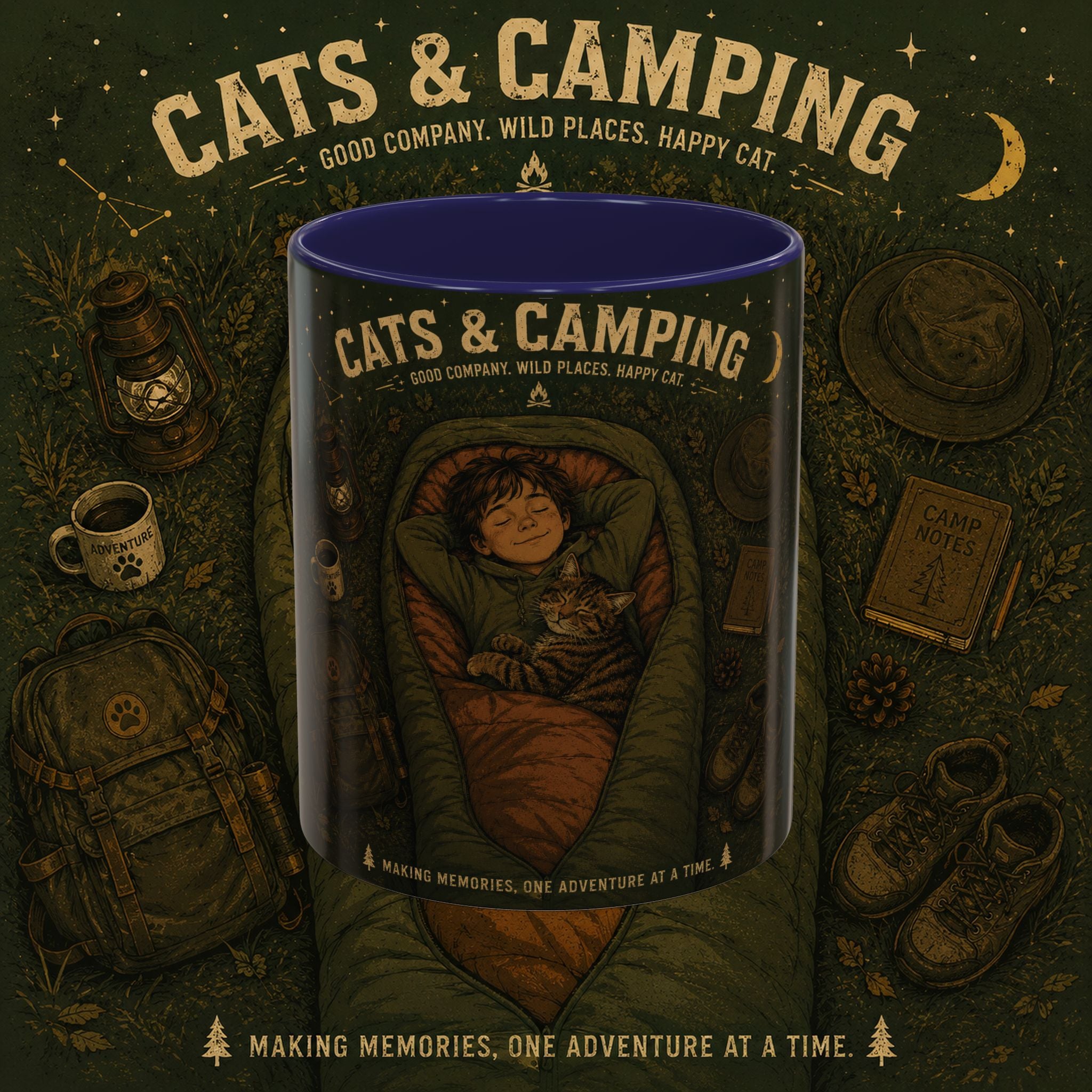 Cats & Camping Accent Coffee Mug — Cat Lover Camping Gift Mug 11oz