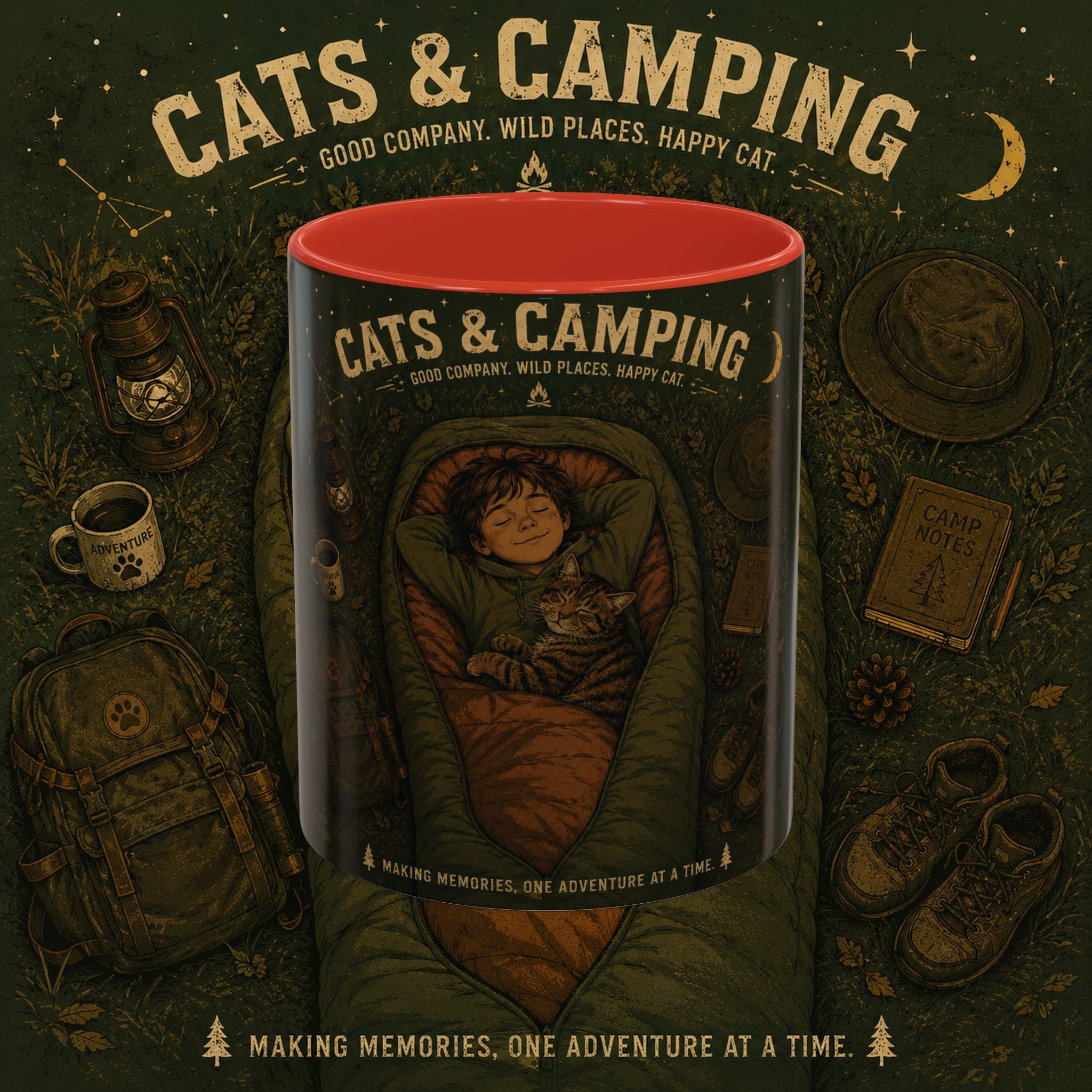 Cats & Camping Accent Coffee Mug — Cat Lover Camping Gift Mug 11oz