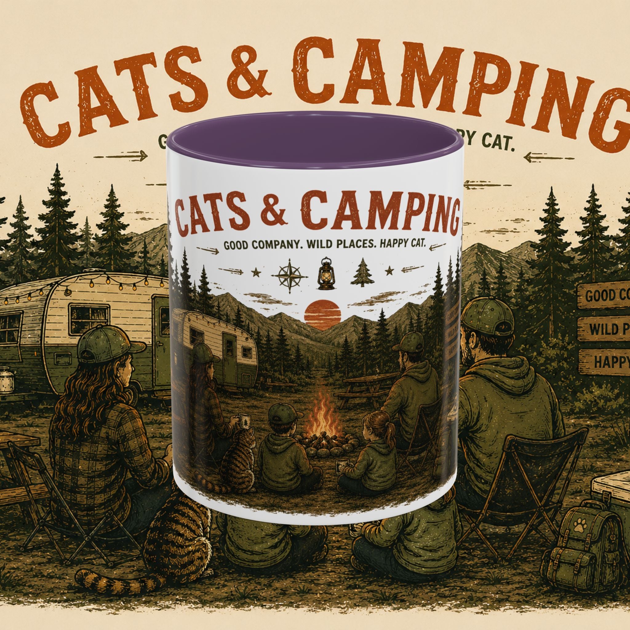 Cats & Camping Vintage Camper Mug — Retro Outdoor Cat Lover Gift (11oz & 15oz)
