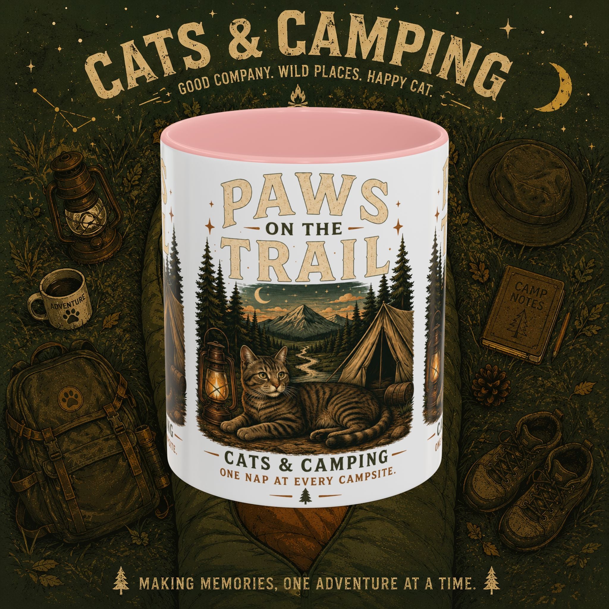 Cat Lover Camping Mug – Two-Tone Ceramic Coffee Mug (11oz)