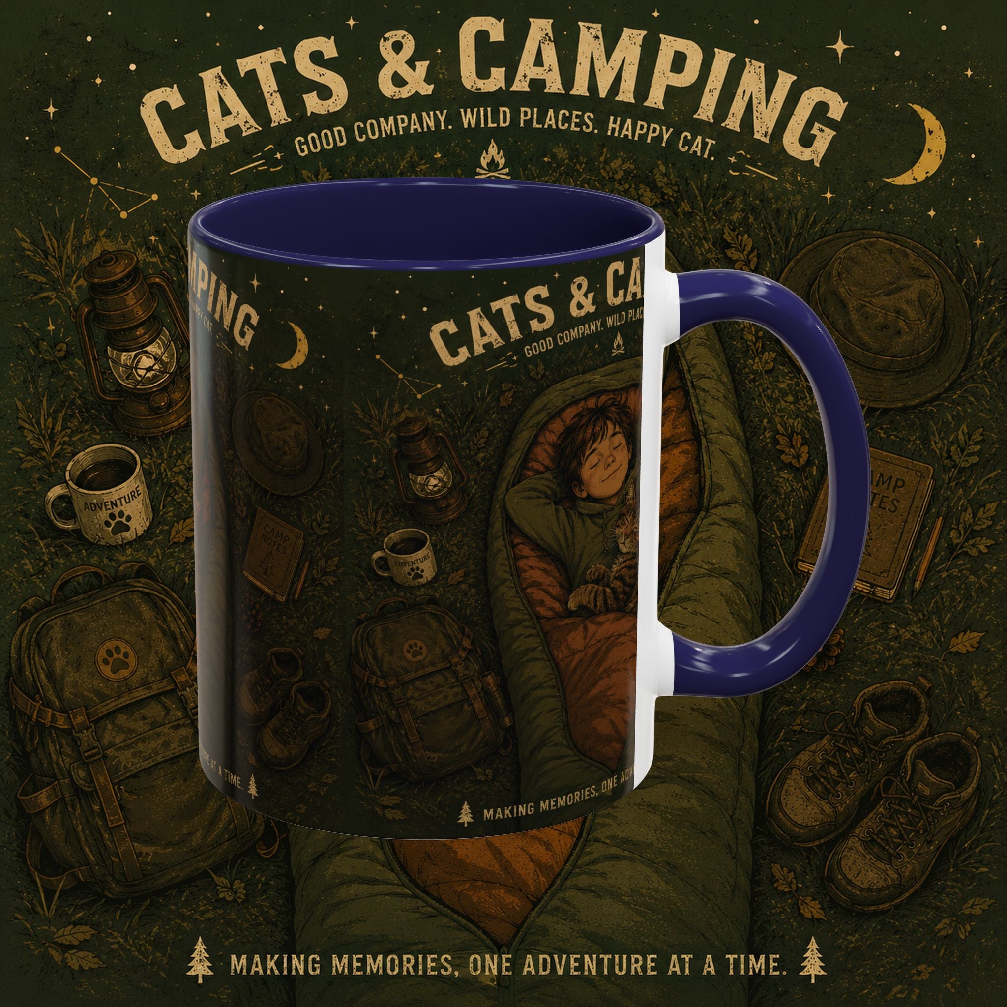 Cats & Camping Accent Coffee Mug — Cat Lover Camping Gift Mug 11oz