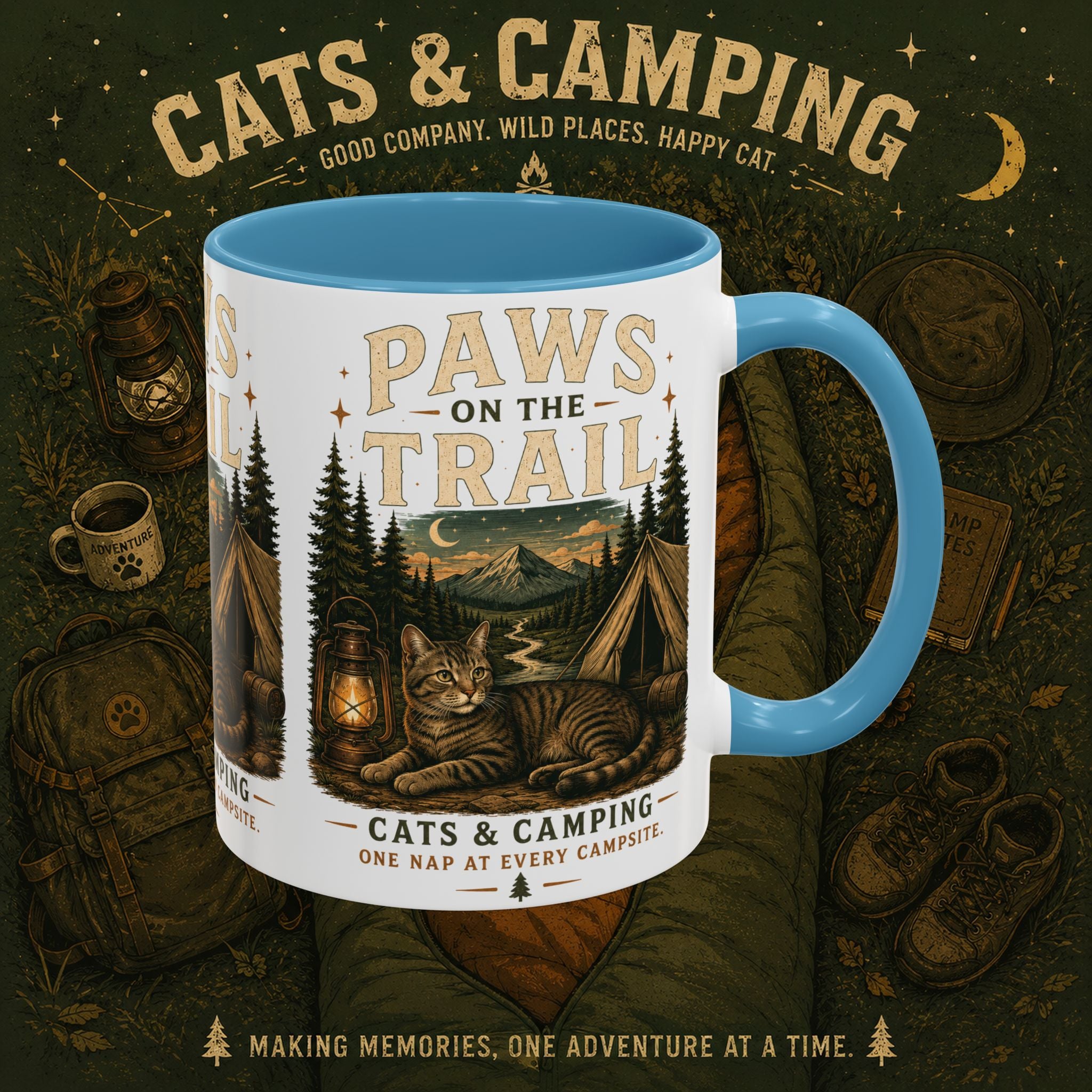 Cat Lover Camping Mug – Two-Tone Ceramic Coffee Mug (11oz)