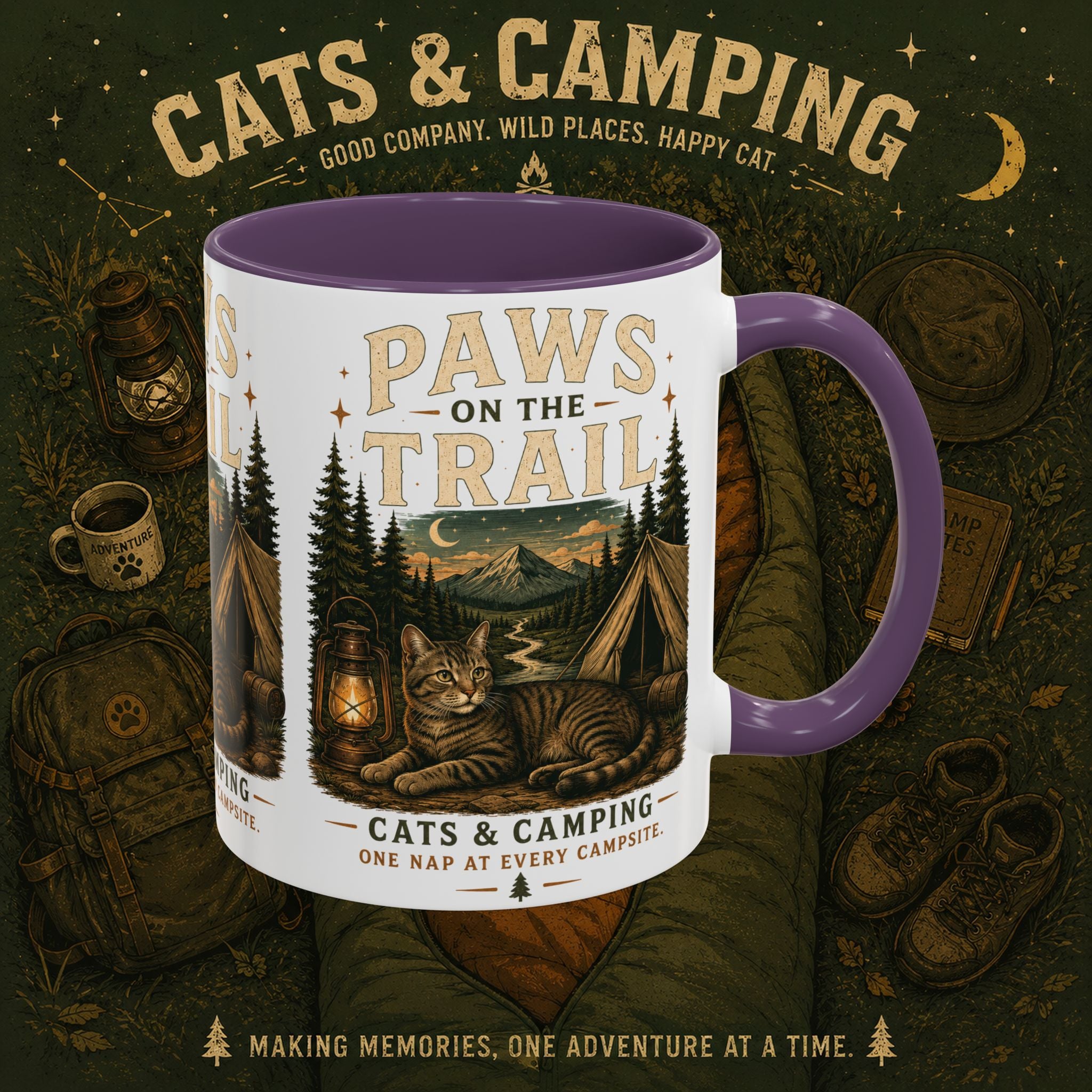 Cat Lover Camping Mug – Two-Tone Ceramic Coffee Mug (11oz)