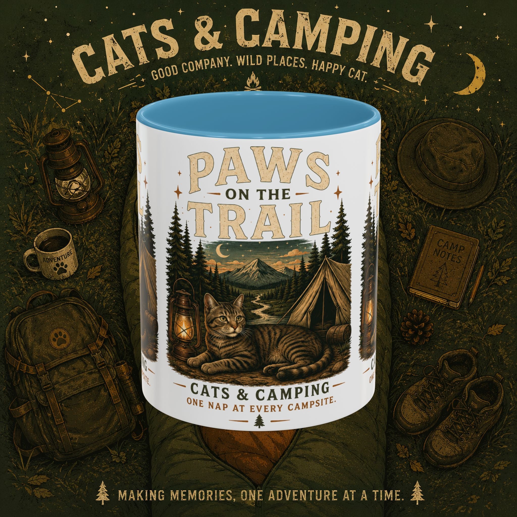 Cat Lover Camping Mug – Two-Tone Ceramic Coffee Mug (11oz)