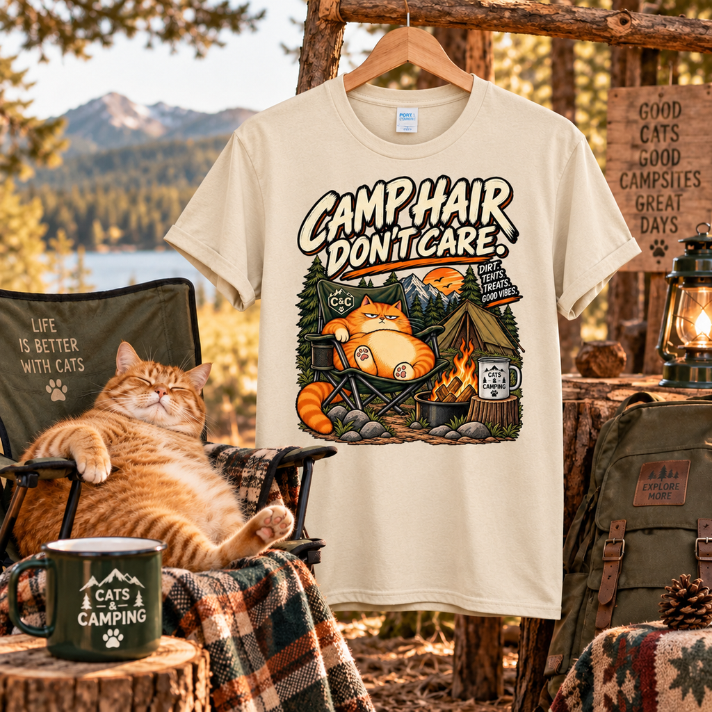 Camp Hair Don't Care Cat Camping T-Shirt – 100% cotton unisex tee, product photo 2