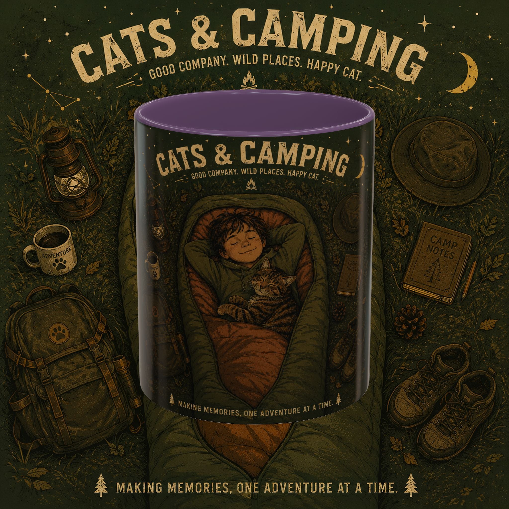 Cats & Camping Accent Coffee Mug — Cat Lover Camping Gift Mug 11oz