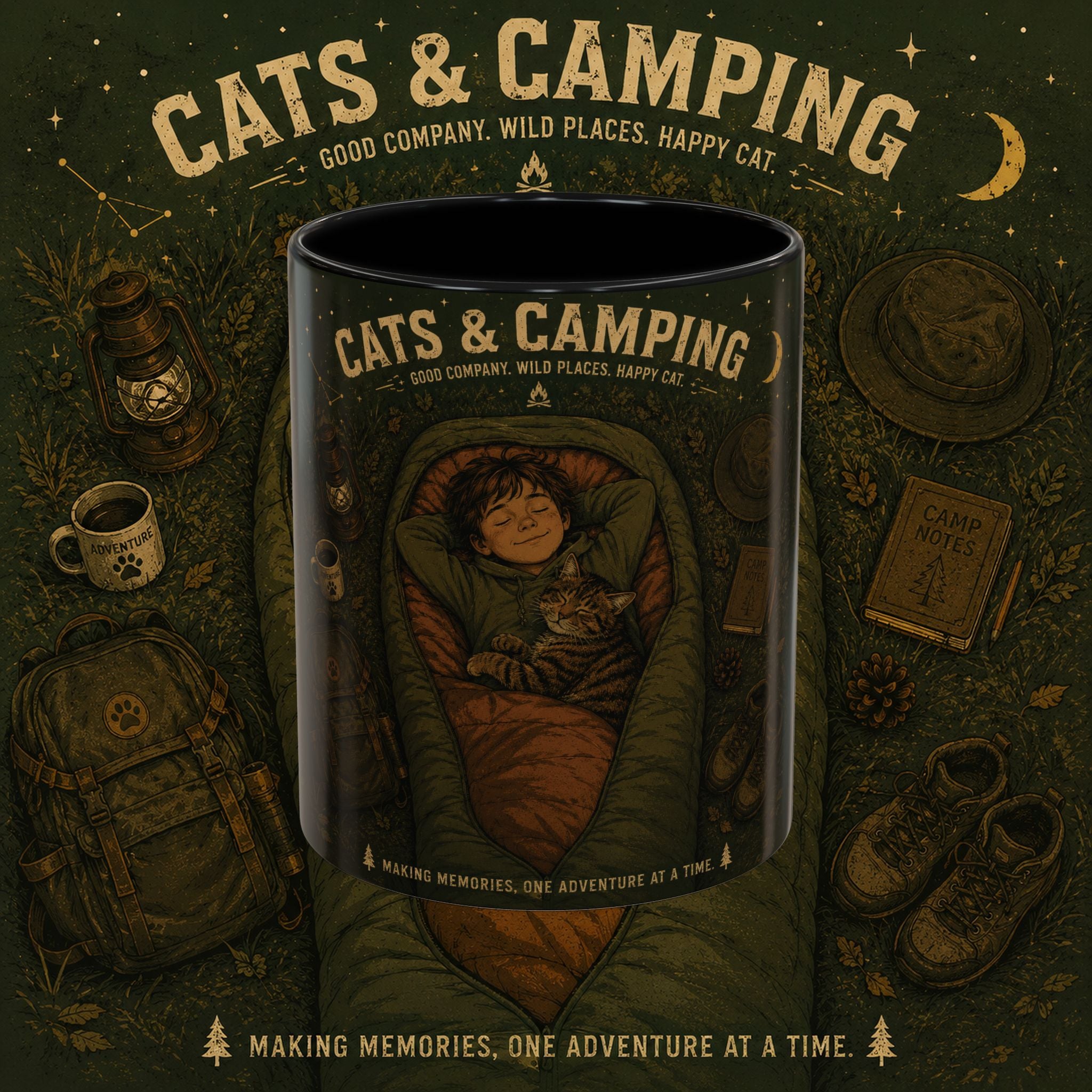Cats & Camping Accent Coffee Mug — Cat Lover Camping Gift Mug 11oz