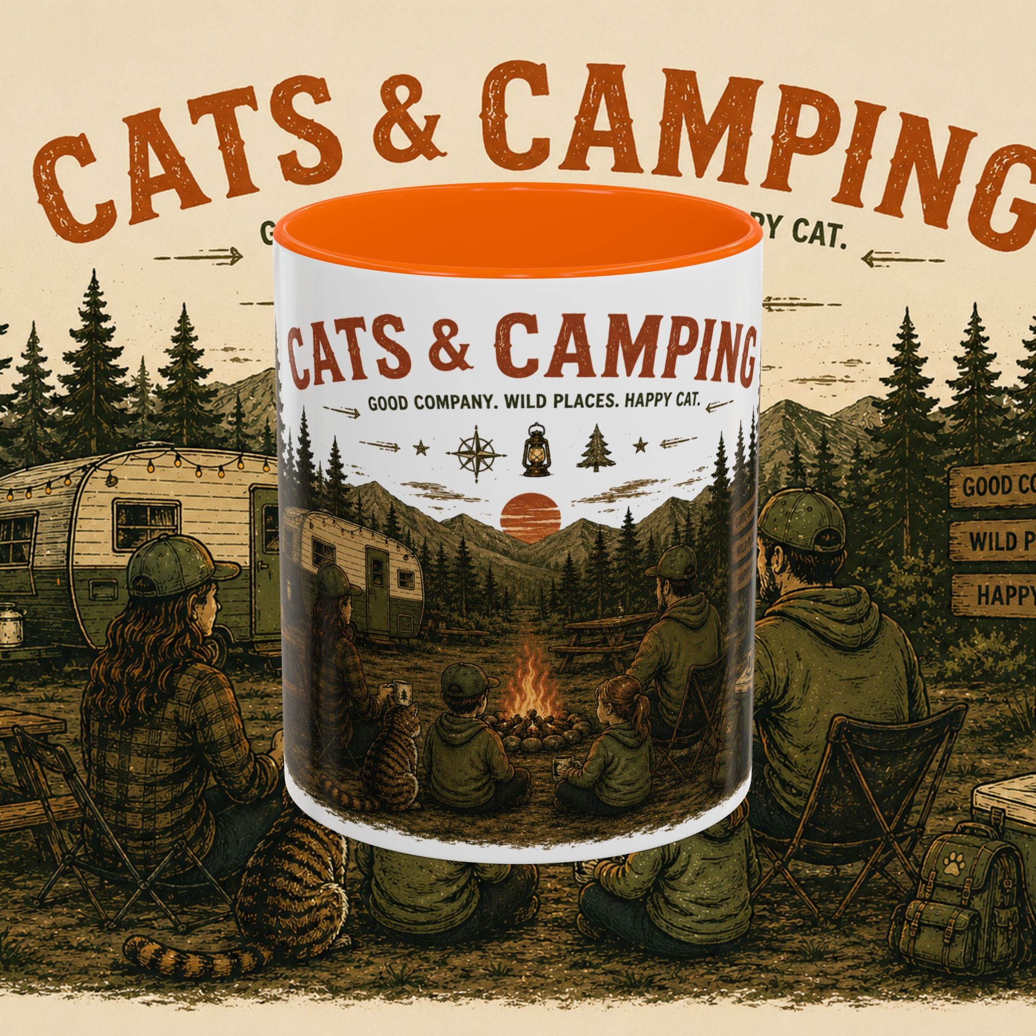 Cats & Camping Vintage Camper Mug — Retro Outdoor Cat Lover Gift (11oz & 15oz)