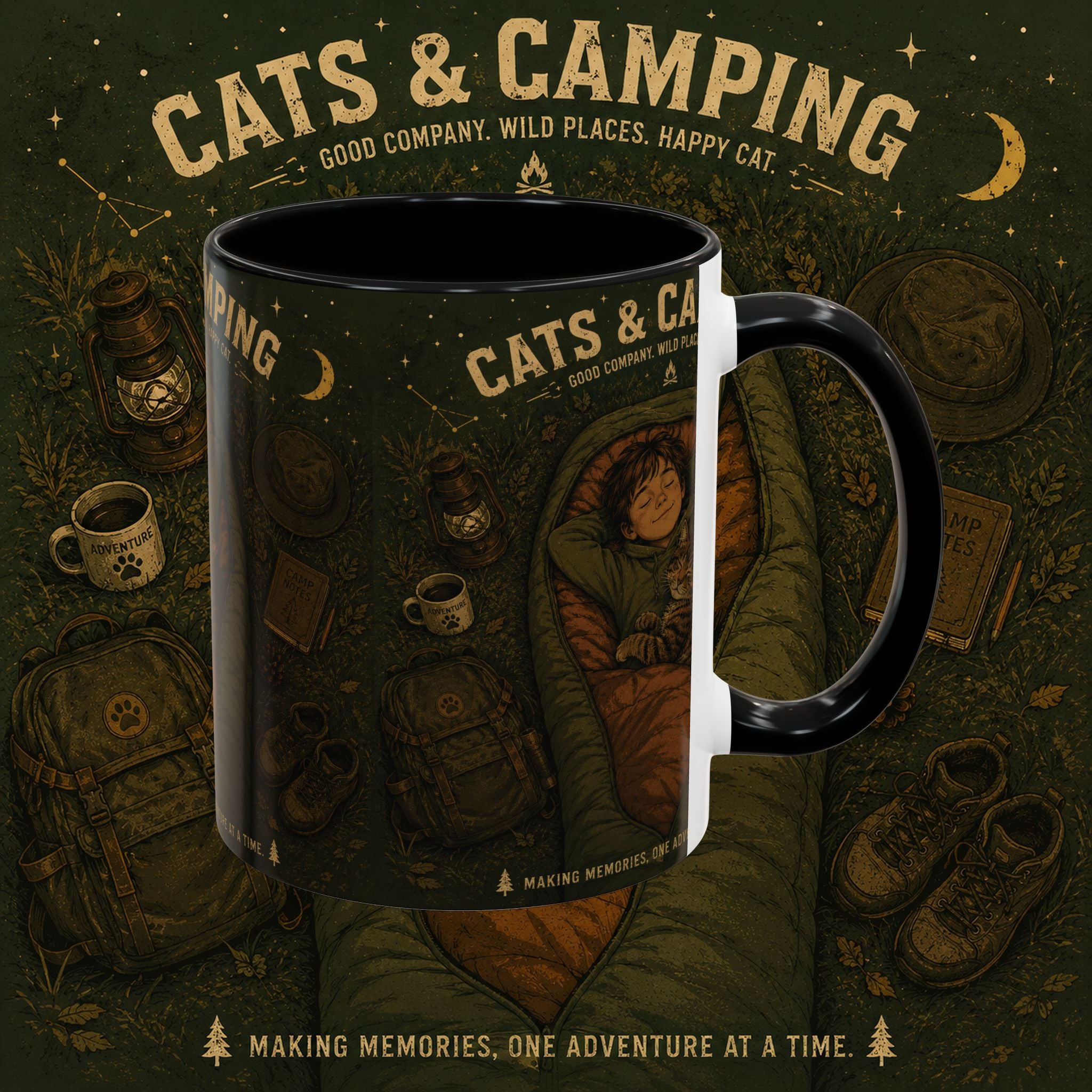 Cats & Camping Accent Coffee Mug — Cat Lover Camping Gift Mug 11oz