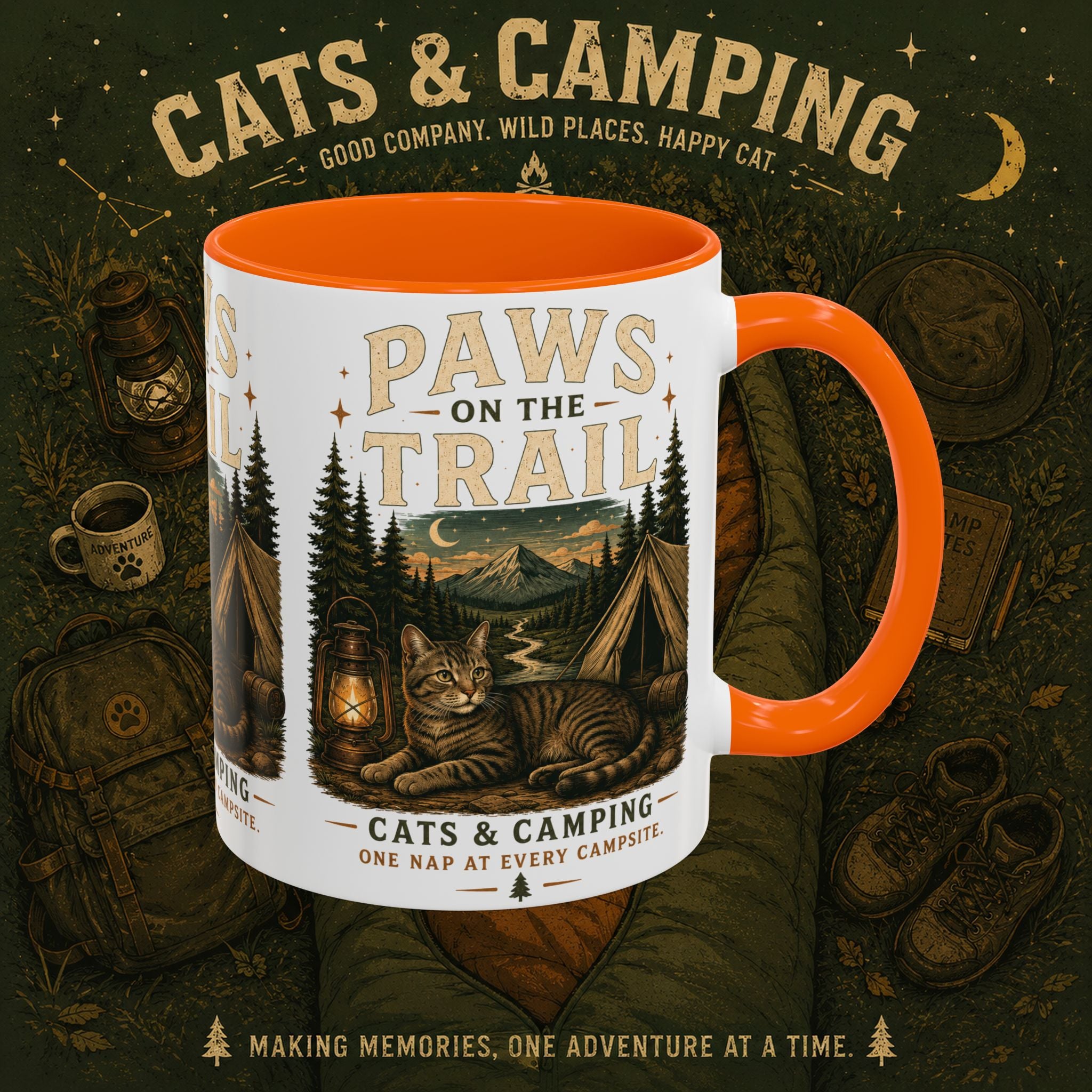 Cat Lover Camping Mug – Two-Tone Ceramic Coffee Mug (11oz)