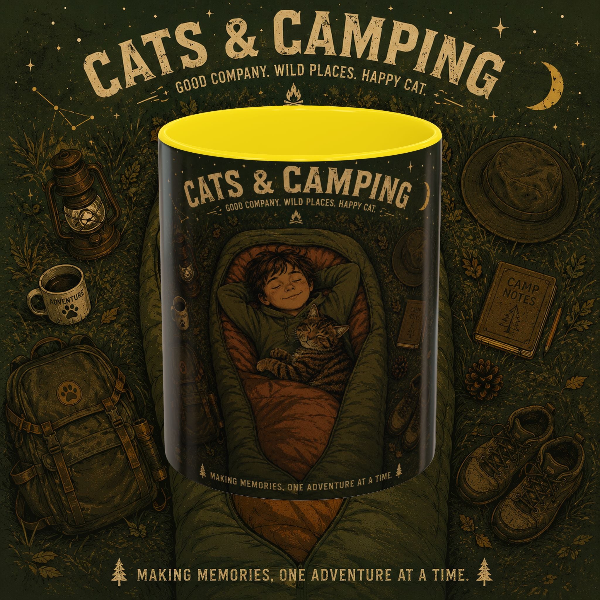 Cats & Camping Accent Coffee Mug — Cat Lover Camping Gift Mug 11oz
