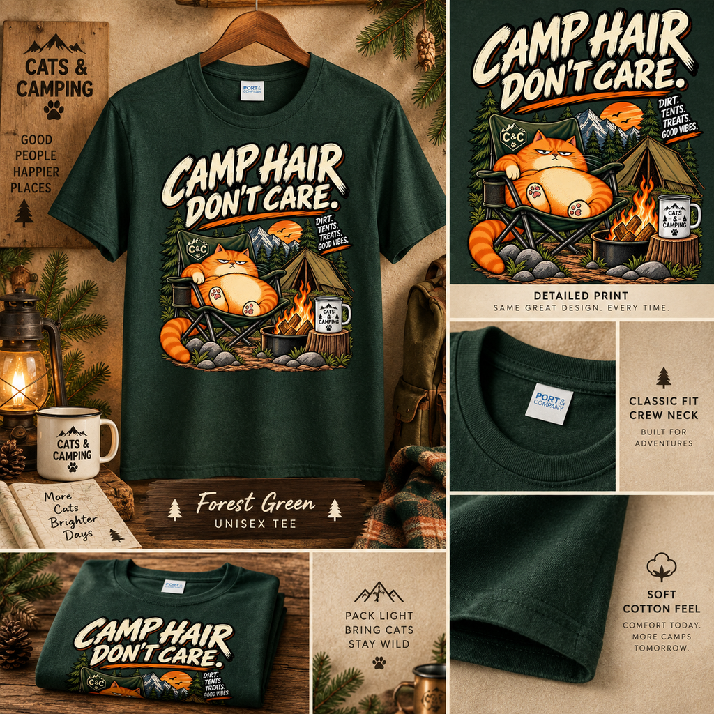 Camp Hair Don't Care Cat Camping T-Shirt – vintage campfire cat graphic detail, product photo 3