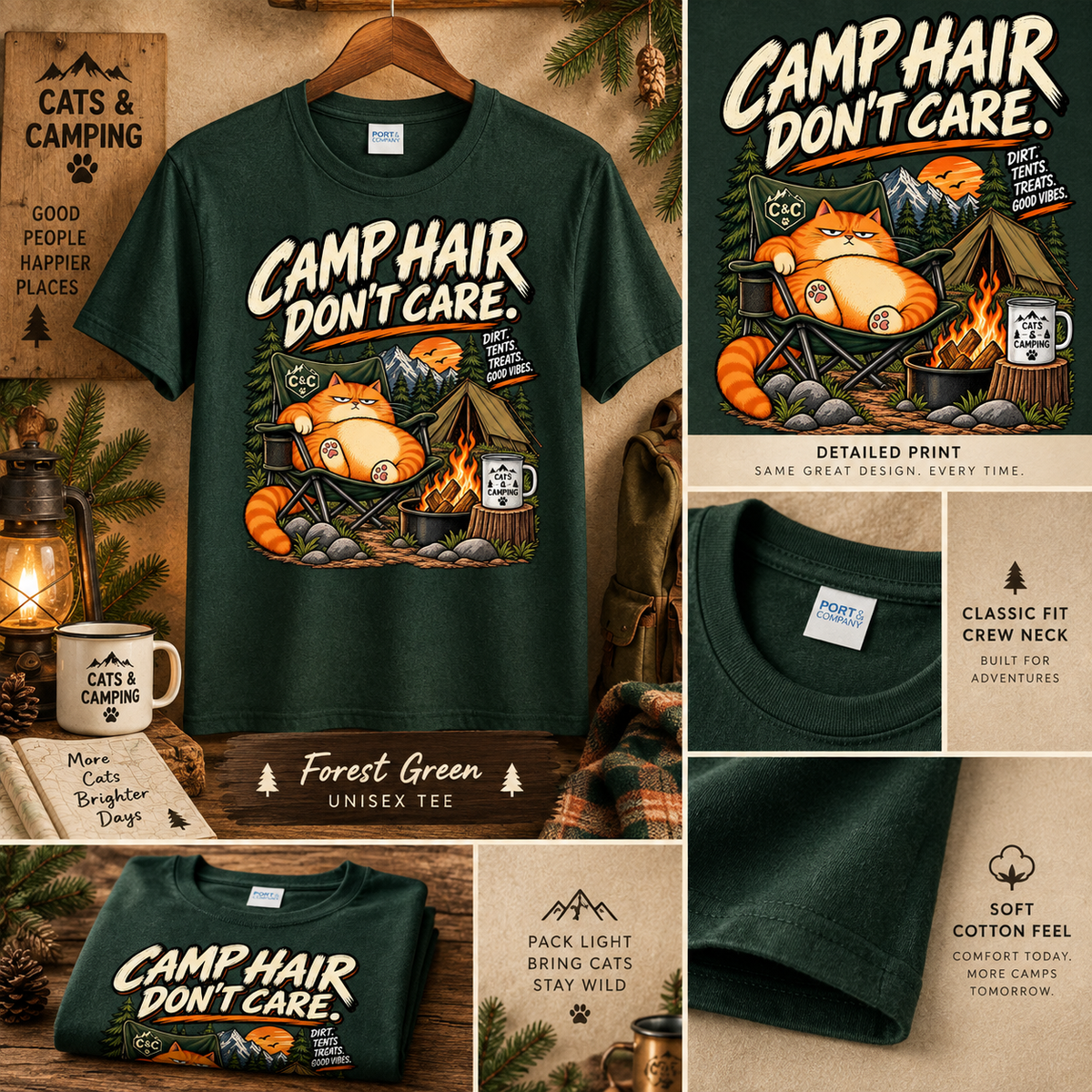 Camp Hair Don't Care Cat Camping T-Shirt – vintage campfire cat graphic detail, product photo 3