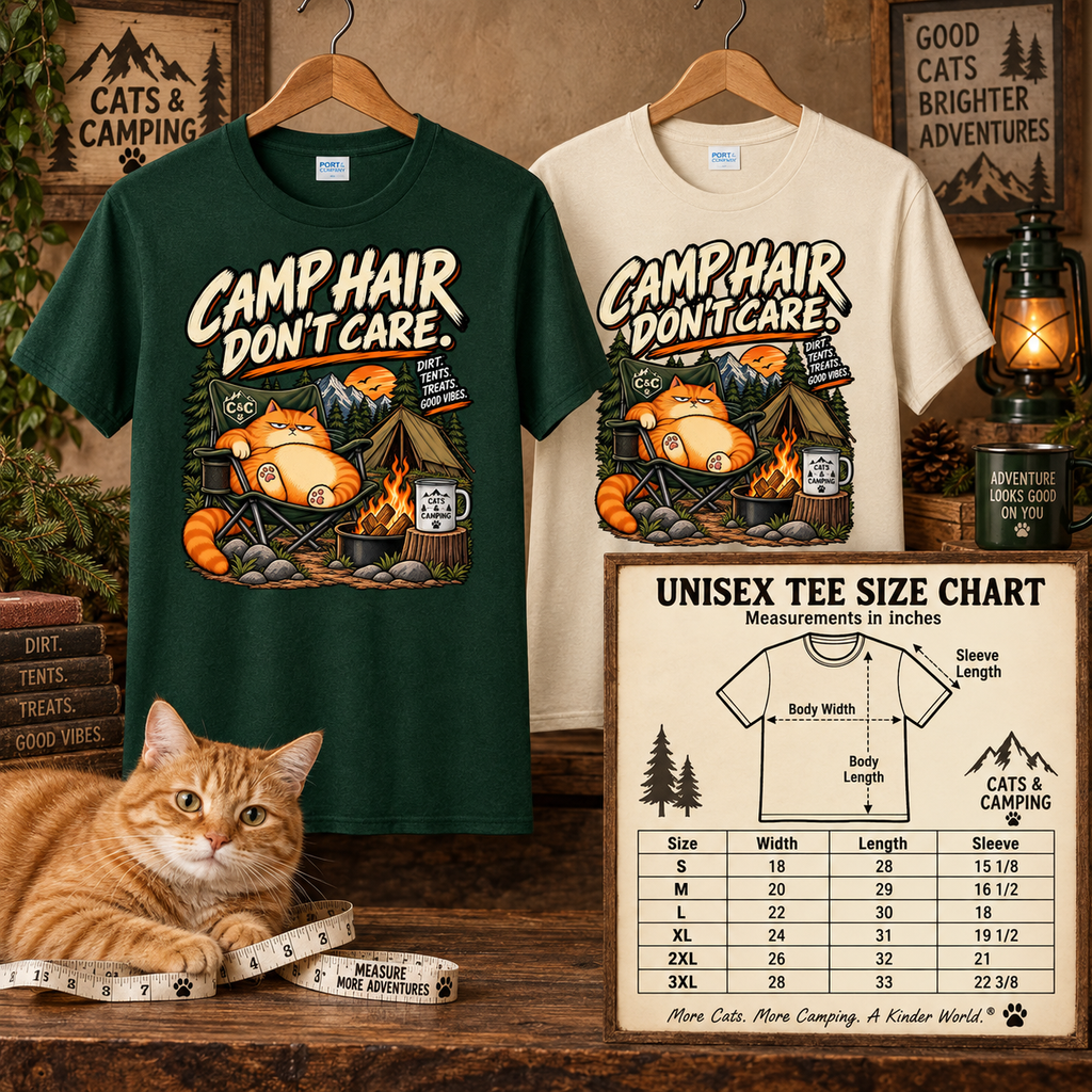 Camp Hair Don't Care Cat Camping T-Shirt – classic fit tee, product photo 4