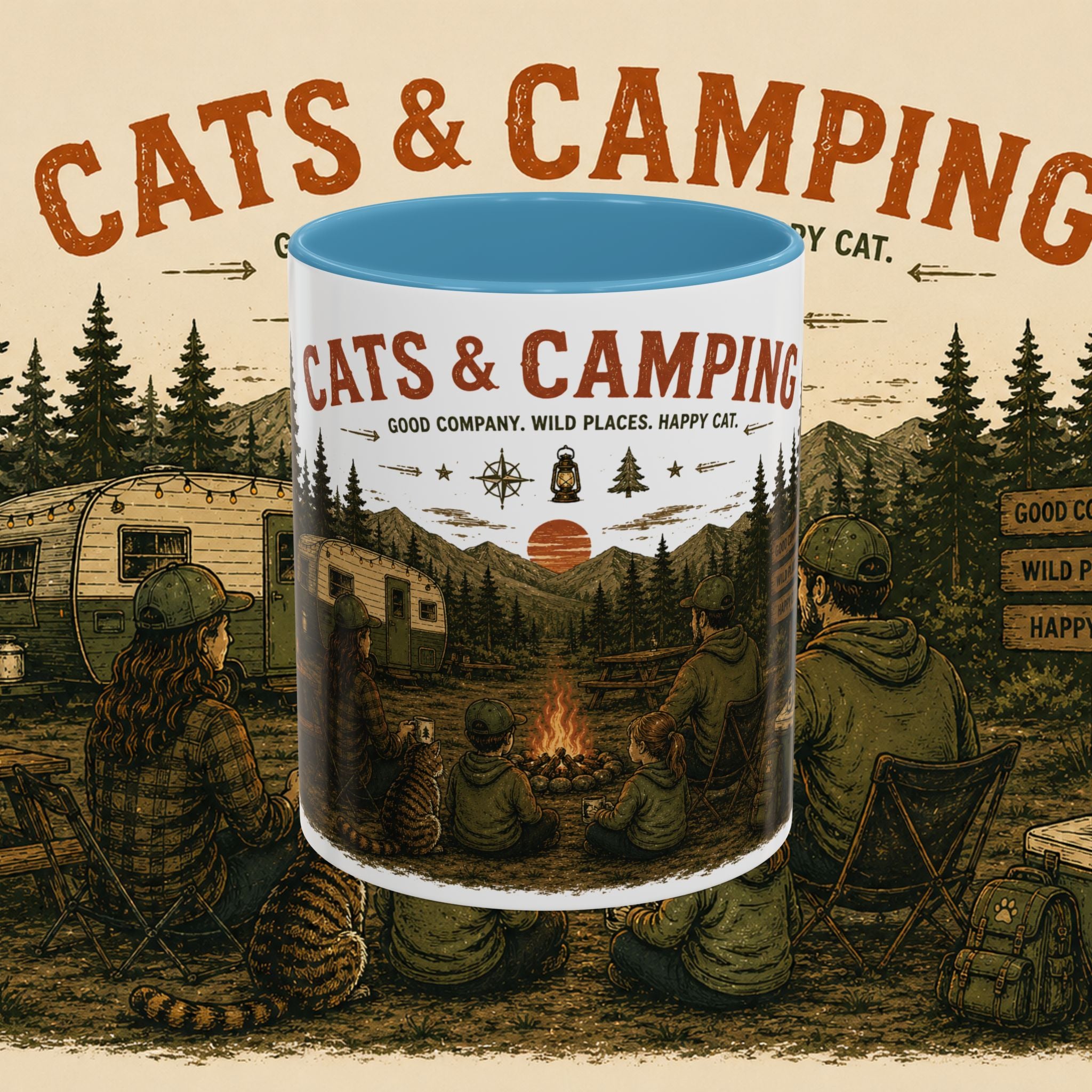 Cats & Camping Vintage Camper Mug — Retro Outdoor Cat Lover Gift (11oz & 15oz)