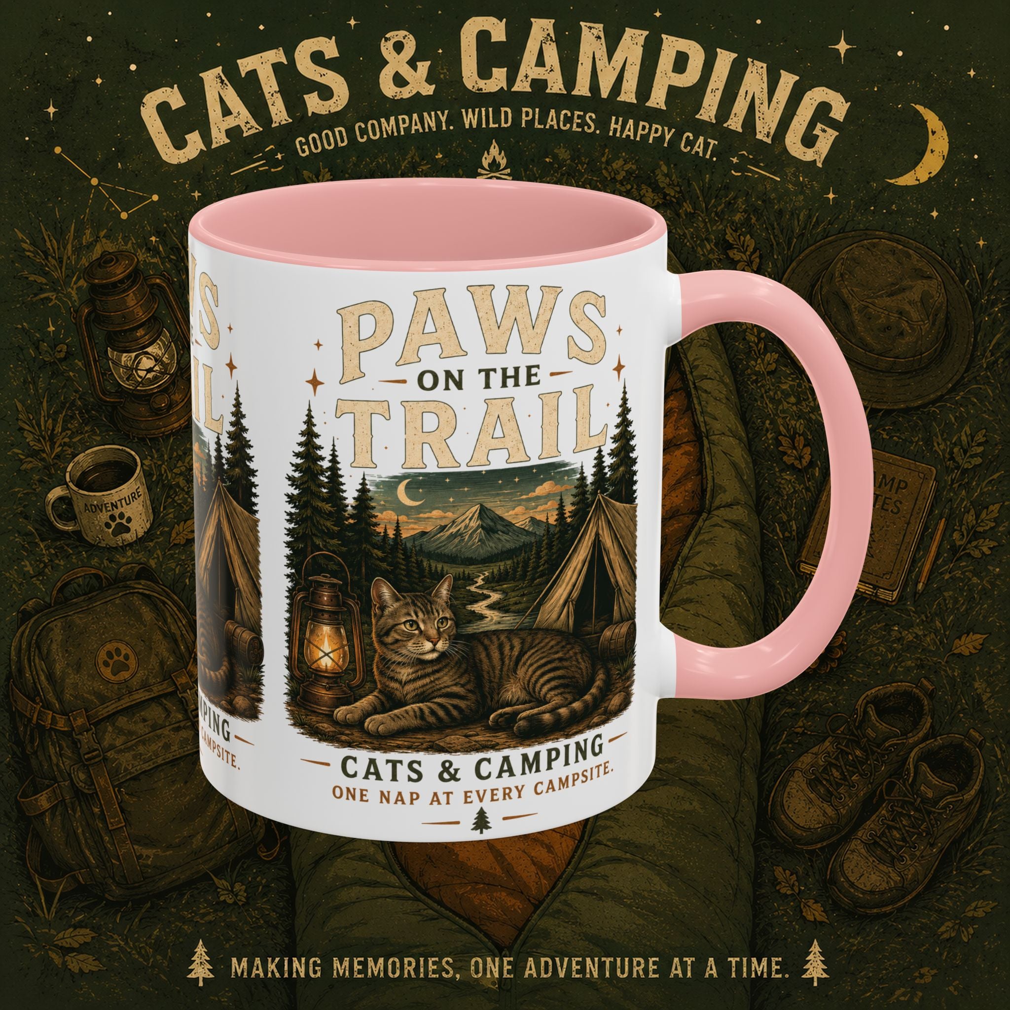 Cat Lover Camping Mug – Two-Tone Ceramic Coffee Mug (11oz)