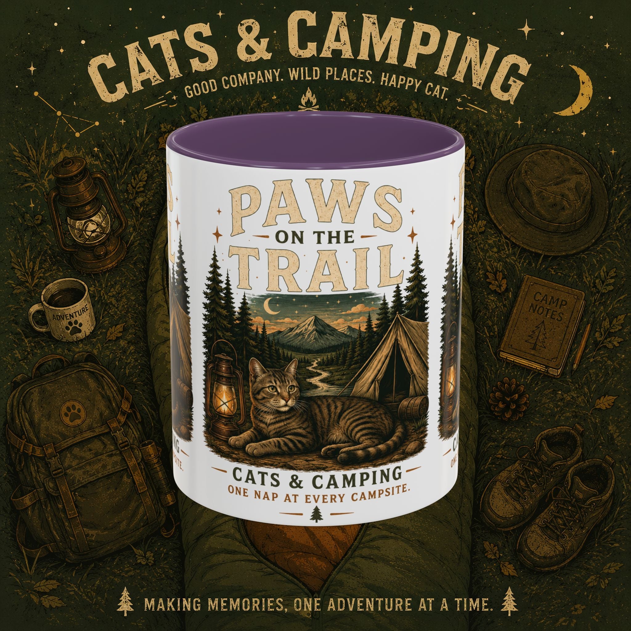 Cat Lover Camping Mug – Two-Tone Ceramic Coffee Mug (11oz)