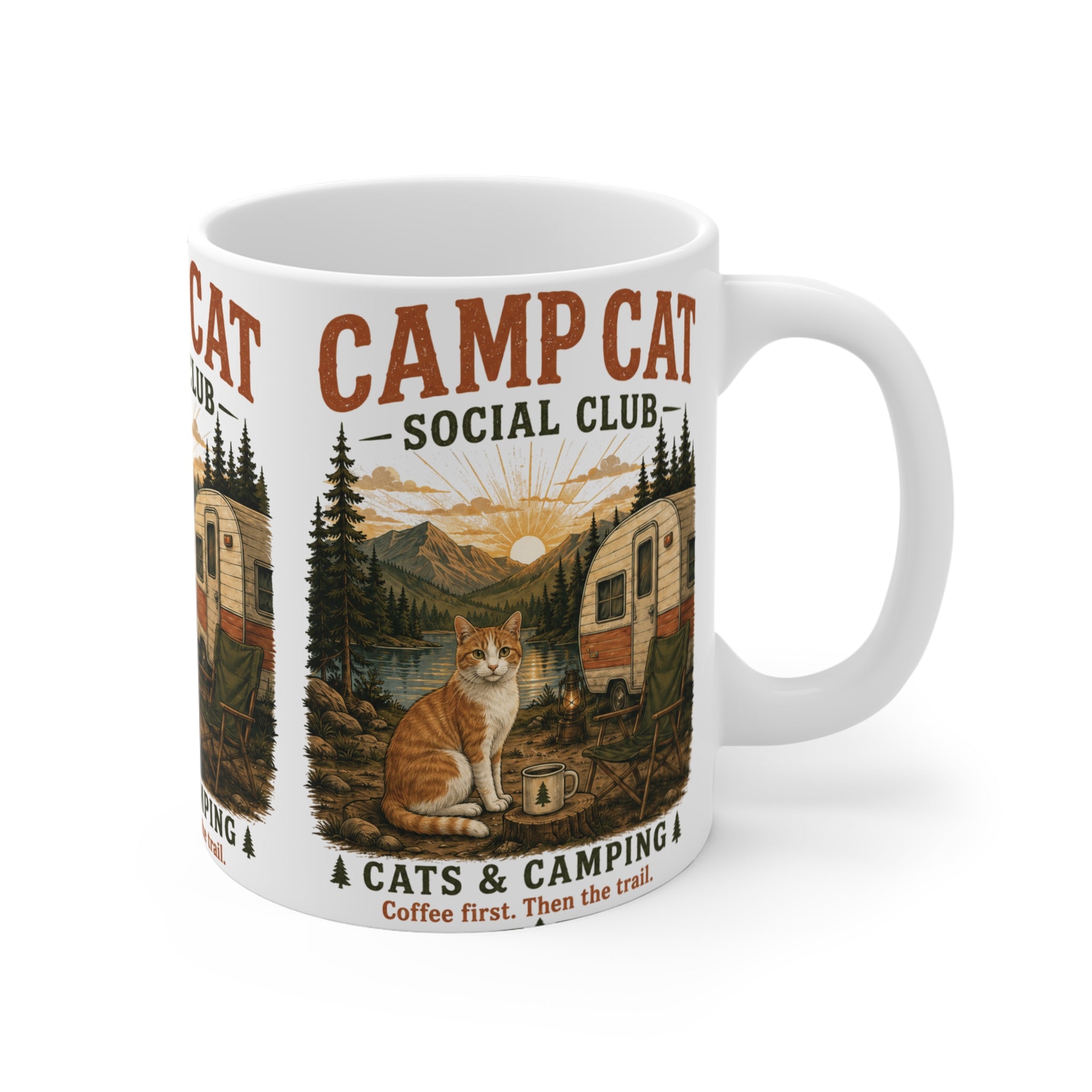 Cat Lover Camping Coffee Mug – Classic White Ceramic 11oz