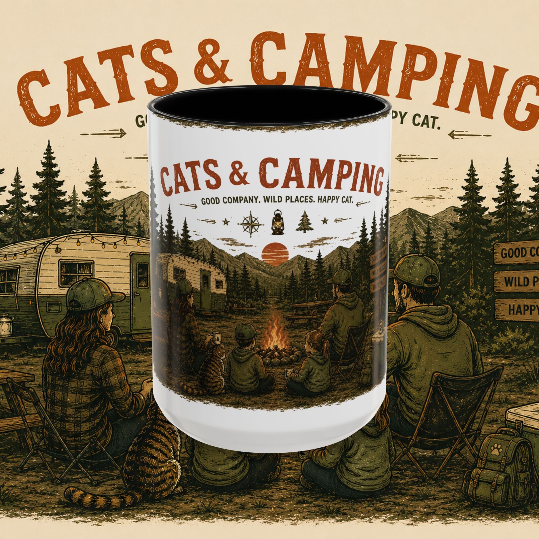 Cats & Camping Vintage Camper Mug — Retro Outdoor Cat Lover Gift (11oz & 15oz)